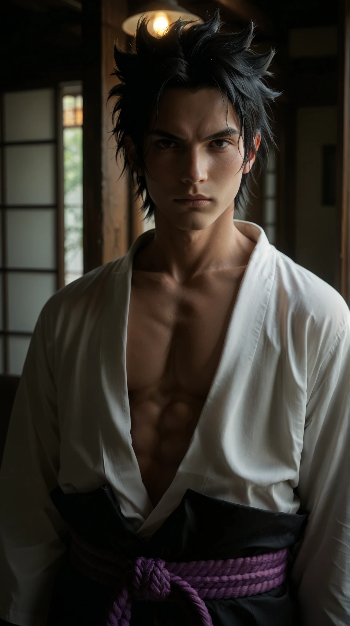 (Photorealistic: 1.2, Best Quality, 8k, Wet: 1.3), (Male: 1.3, 20 years old, Soji Okita, Yukata, Katana, Sweat: 1.2, Wet: 1.2, Chest Hair), Actor, Fine Skin, (Film Lighting), Tan, Soft Light, Double Eyelids, (Seductive), (((Excited))