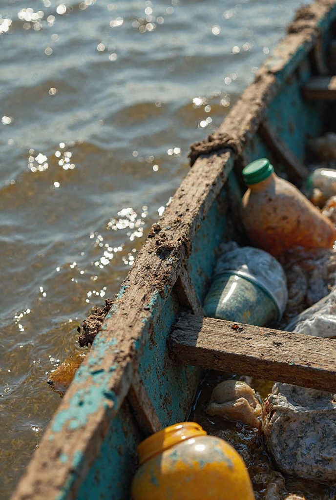 A close-up shot of polluted water in the Lagos Lagoon, with murky waves gently lapping against the side of a weathered wooden canoe. Plastic bottles, nylon bags, and other debris float on the surface, partially submerged. The sunlight catches the dirty water, revealing an unsettling contrast between nature and pollution. The canoe appears aged, its paint peeling, as it sits in the contaminated water, symbolizing both struggle and resilience."