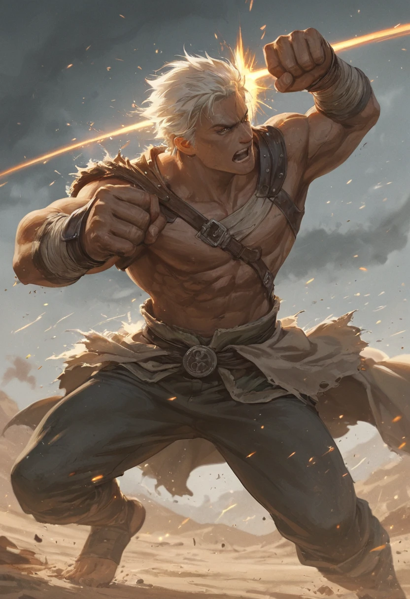 Create an image of Ashara, a skilled warrior from the Dragon Clan. He should be depicted in battle-ready attire with dragon motifs, holding a spear. His expression should be determined and focused. The background can show a training field surrounded by mountains and trees, highlighting his role as a formidable fighter."