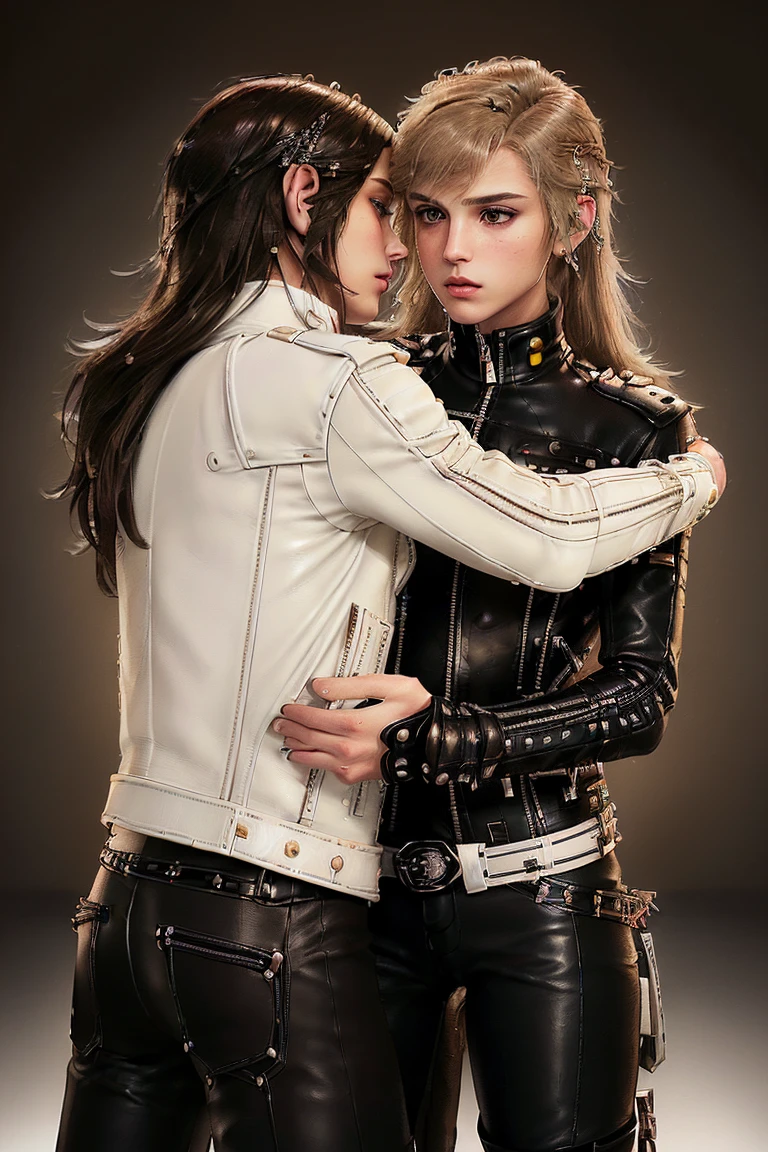 cowboy shot,a pretty 2 girl,blond hair,blue eyes,lora_Emma,slim athletic body,tight and stretched white blouse with buttons,button gap,short sleeves,ultra low rise black shiny latex pants,(double metal belt),empty studiobackground,((black coat on shoulders)),(tight sleeves),(best quality,4k,8k,highres,masterpiece:1.2),ultra-detailed,(realistic,photorealistic,photo-realistic:1.37),dramatic lighting,cinematic,fashion photography,studio lighting,high contrast,vivid colors,beautiful detailed eyes,beautiful detailed lips,extremely detailed eyes and face,long eyelashes, touching hair