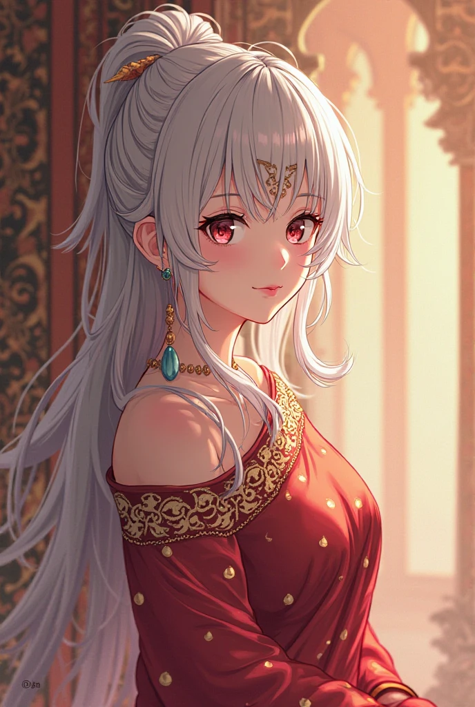 a beautiful young woman , 1girl, hourglass figure, seductive pose, printed design red saree, silky white hair braid, heavy silver jhumka earrings, necklace, anklet, cleavage, detailed face with stunning magenta eyes, full lips, flawless makeup, dark cinematic lighting, dramatic photorealistic effect, masterpiece-level 8k rendering, ultra-detailed, realistic, photo-realistic, hdr, uhd, studio lighting, ultra-fine painting, sharp focus, physically-based rendering, extreme detail description, professional, vivid colors, bokeh, smiling, full body view, bangles,hair accessories 