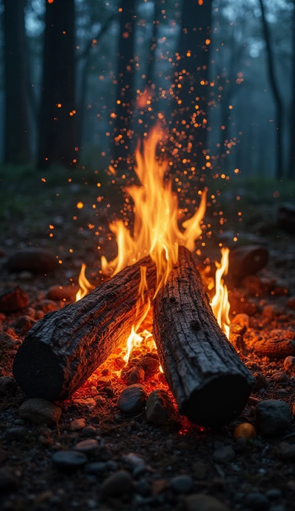"A close-up view of a warm and crackling campfire in a dark, moody ...