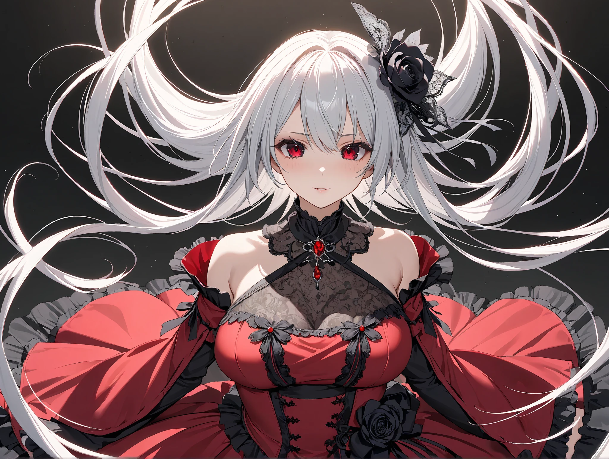 Anime girl, white hair, ((white skeleton)), red flower, illustration, 25 year old, bone, skull, ((bust-up)), red eyes,