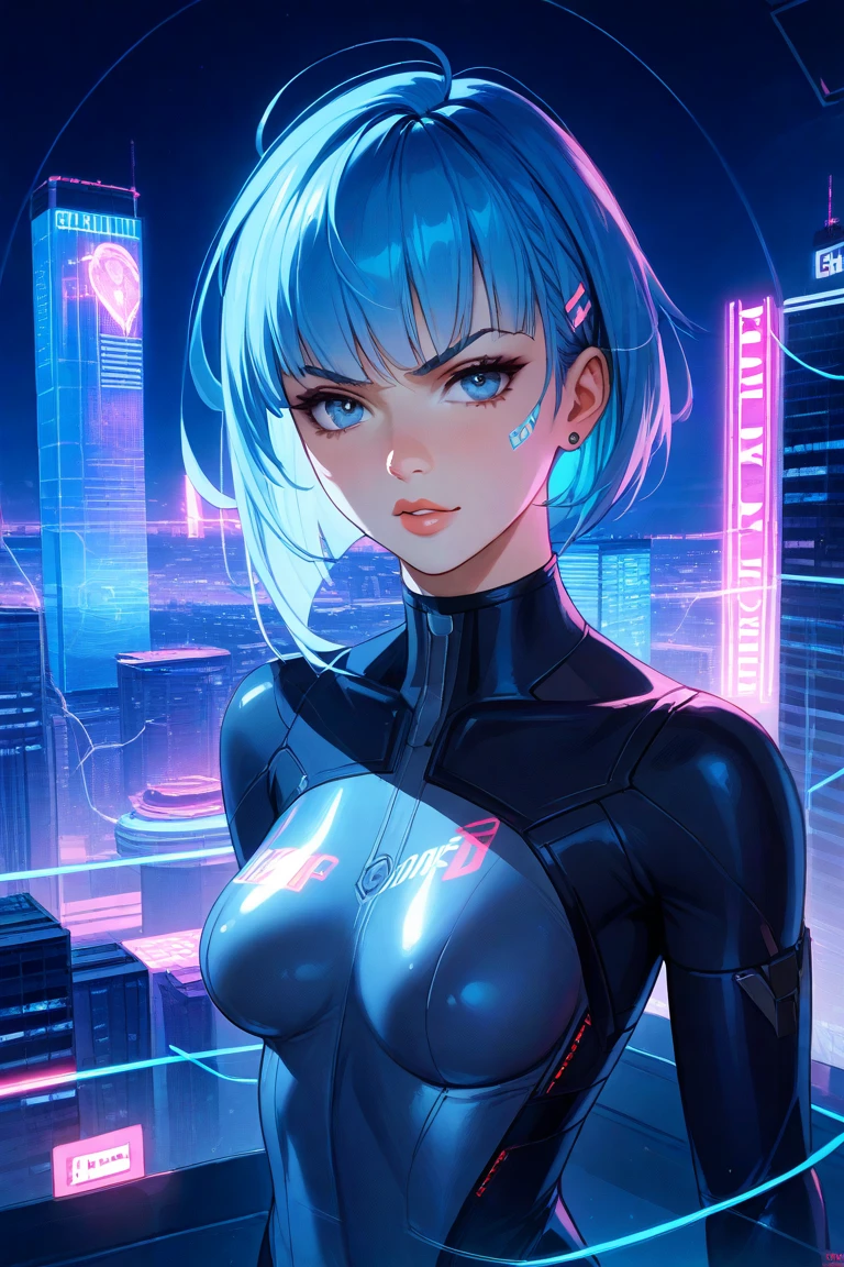 A girl in a dark foggy background, red turtleneck, pixie cut hair, multi-colored hair with red and blue neon highlights, expressive beautiful detailed eyes, black shorts, gothic makeup, red neon hearts, neon blue horns, liquid sumi ink, (best quality,4k,8k,highres,masterpiece:1.2),ultra-detailed,(realistic,photorealistic,photo-realistic:1.37), (VFX, UHD, HDR)- Ink special effects)), depth of field, sharp angle, unreal focus
