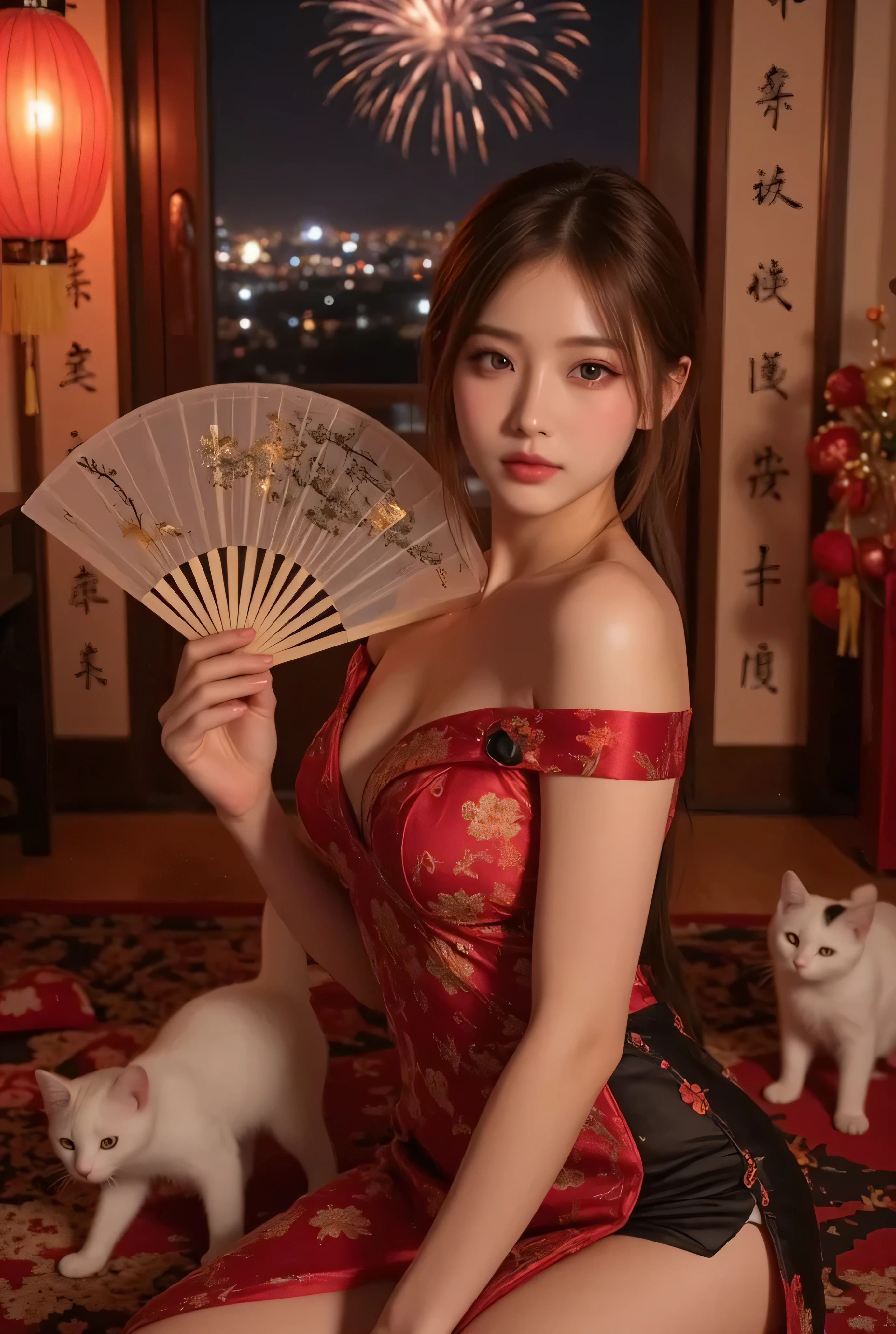 Cat ears、 face up, attractive, pretty girl, ponytail、 (( fine facial features , eroticism)), dramatic lighting , realistic , 8k, Dramatic Shadows , intricate and elaborate patterns , super detailed photo , chiaroscuro lighting , Pleasant colors , deep contrast , super real 、 pink lipstick、 warm room、Vintage Fireplace 、 cinematic composition、Close-up of face, pretty half part transparent open shoulder loose outfits dress, tang style, A beautiful Korean idol wearing a one piece red- black tightly cheongsam with phoenix and intricate floral golden embroidery, golden and silver outline on dress, hand hold pink feathers transparent Chinese fan with golden ink painting of bird and tree , standing gracefully in a room filled with traditional Chinese New Year decorations. The room features vibrant red lanterns, decorative calligraphy scrolls, a small Chinese orange tree with golden ornaments, and several red envelopes scattered across the floor and hanging from the tree. Adorable, playful cats are part of the scene—some sitting near the tree, others curiously pawing at the red envelopes or lounging around. Through a window or an open door in the background, vibrant Chinese fireworks light up the night sky in an array of reds, golds, and blues, casting a magical glow into the room. The idol’s outfit is paired with subtle accessories like red hairpins or earrings, complementing the festive look. The atmosphere is warm and lively, filled with the joyful essence of the celebration, enhanced by the shimmering lights of the fireworks and the lively decor.