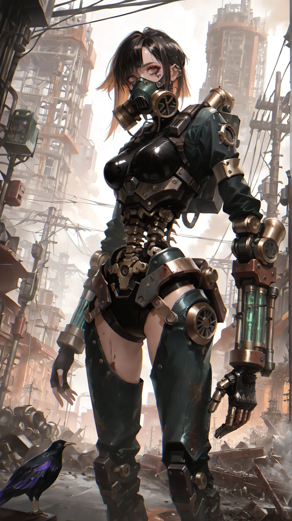 (post-apocalyptic cyberpunk:1.2), 1girl, dynamic dutch angle, translucent alabaster skin, (hyper-detailed iris patterns:1.4), industrial wasteland background, collapsing power grid towers, swarm of obsidian birds, mechanical debris storm, cybernetic spine exoskeleton, asymmetrical punk hairstyle, smudged eyeliner, rust-textured clothing, golden hour lighting, (neon-tinged storm clouds:1.1), steampunk respirator mask, broken power lines, fluttering feather storm, atmospheric depth haze, digital painting style, sharp industrial edges, oil slick reflections, post-processing glow, high contrast shading, , , (best quality:1.3)