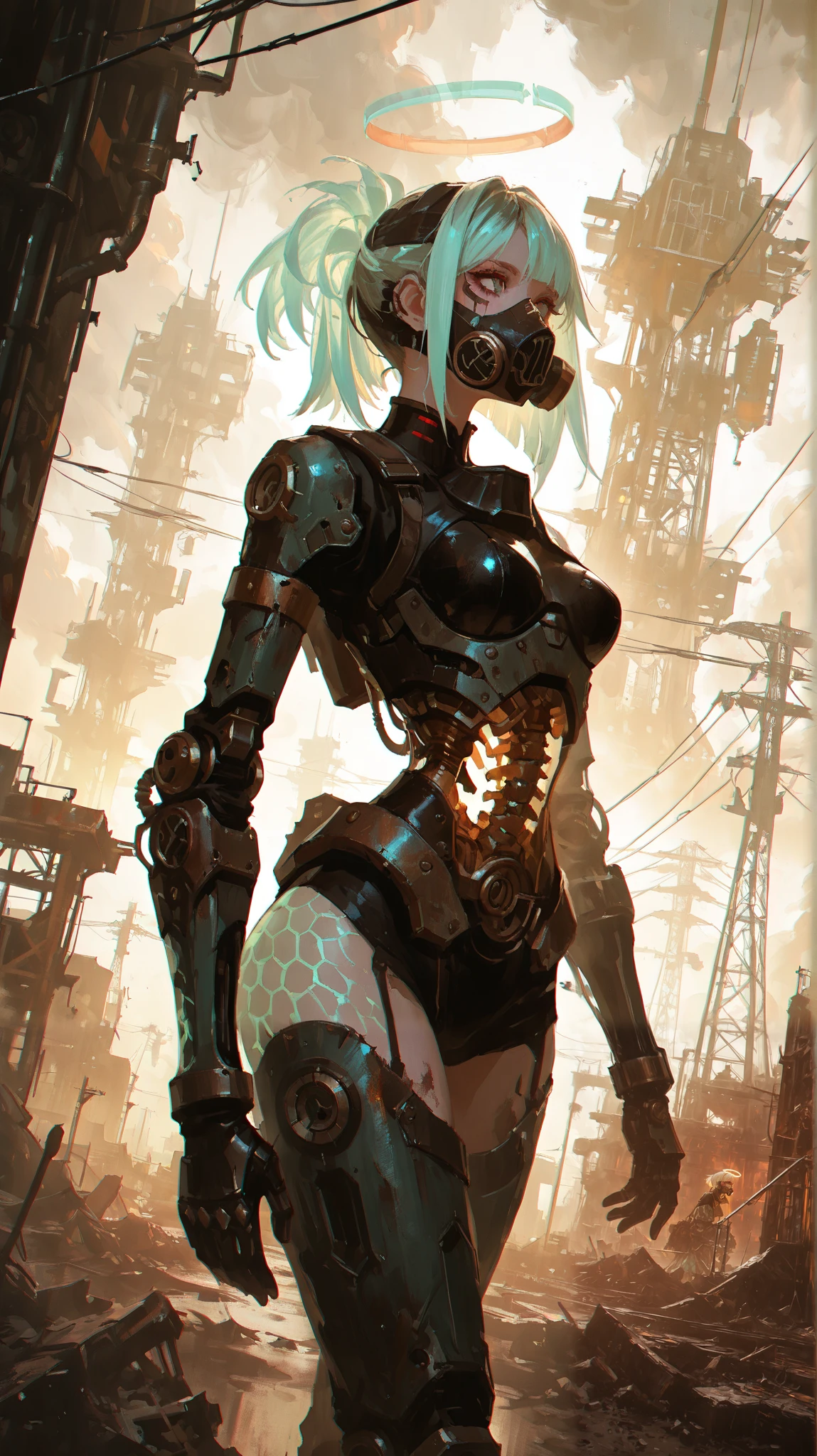 (best quality:1.3),(post-apocalyptic cyberpunk:1.2),1girl,dynamic dutch angle,translucent alabaster skin,(hyper-detailed iris patterns:1.4),neon halo effect,glowing ethereal hair,industrial wasteland background,collapsing power grid towers,swarm of obsidian birds,mechanical debris storm,cybernetic spine exoskeleton,asymmetrical punk hairstyle,smudged eyeliner,rust-textured clothing,golden hour lighting,(neon-tinged storm clouds:1.1),steampunk respirator mask,broken power lines,fluttering feather storm,atmospheric depth haze,digital painting style,sharp industrial edges,oil slick reflections,post-processing glow,high contrast shading