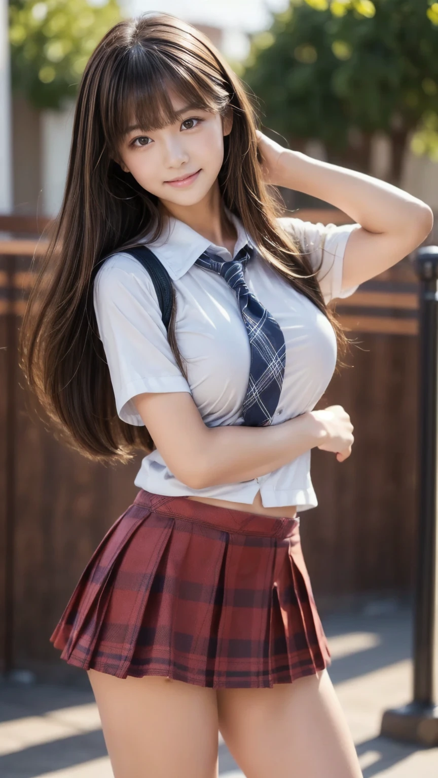 NSFW, 8k RAW photo, top-quality, masterpiece, 超A high resolution, film grains, filmg, 1girl in, looking at the viewers, natural skin textures, realistic eyes and face details, Full lips, lipsticks, (makeup), Red Eye Shadow, hair messy, A smile, closes mouth, Beautiful legs, skiny, slim_Legs, 独奏, cleavage of the breast, Skirt please,,, buttock, The shirt, Beautiful natural places, Around the position of the flower, (细致背景), plaid skirts, white shirt, cleavage of the breast, Show a little cleavage through the shirt, lowfers, blurry backround, bblurry, ngel, Plaid, shortsleeves, JK ribbon on neck, JK Ribbon, A bracelet, Eau, bangss, 校服, jewely, cparted lips, s lips, From the side, pleatedskirt, depth of fields、top-quality、masterpiece、超A high resolution、(Photorealsitic:1.4)、Raw foto、1 girl in、a blond、full body Esbian、large full breasts、Ultra exposed cleavage、erotick、Erotic look、gargantilha、二重まぶた、Loose and fluffy perm、semi long hair、student clothes、skiny