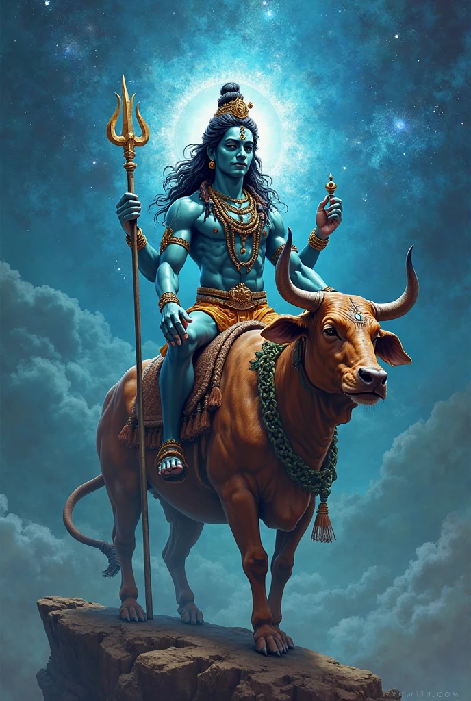 Create a realistic and detailed image of Lord Shiva sitting on Nandi, the sacred bull. Lord Shiva is depicted with a fierce and intense expression, showing his anger. His eyes are fiery, and his eyebrows are furrowed, reflecting his powerful and formidable presence. He is holding his trident (trishul) firmly in one hand. Nandi, the ox, stands strong and sturdy beneath him, with a determined stance. The background features a dramatic sky with dark clouds swirling, hinting at an impending storm, adding to the intensity of the scene. The overall atmosphere should convey a sense of divine power and wrath, emphasizing Lord Shiva's formidable and commanding presence.