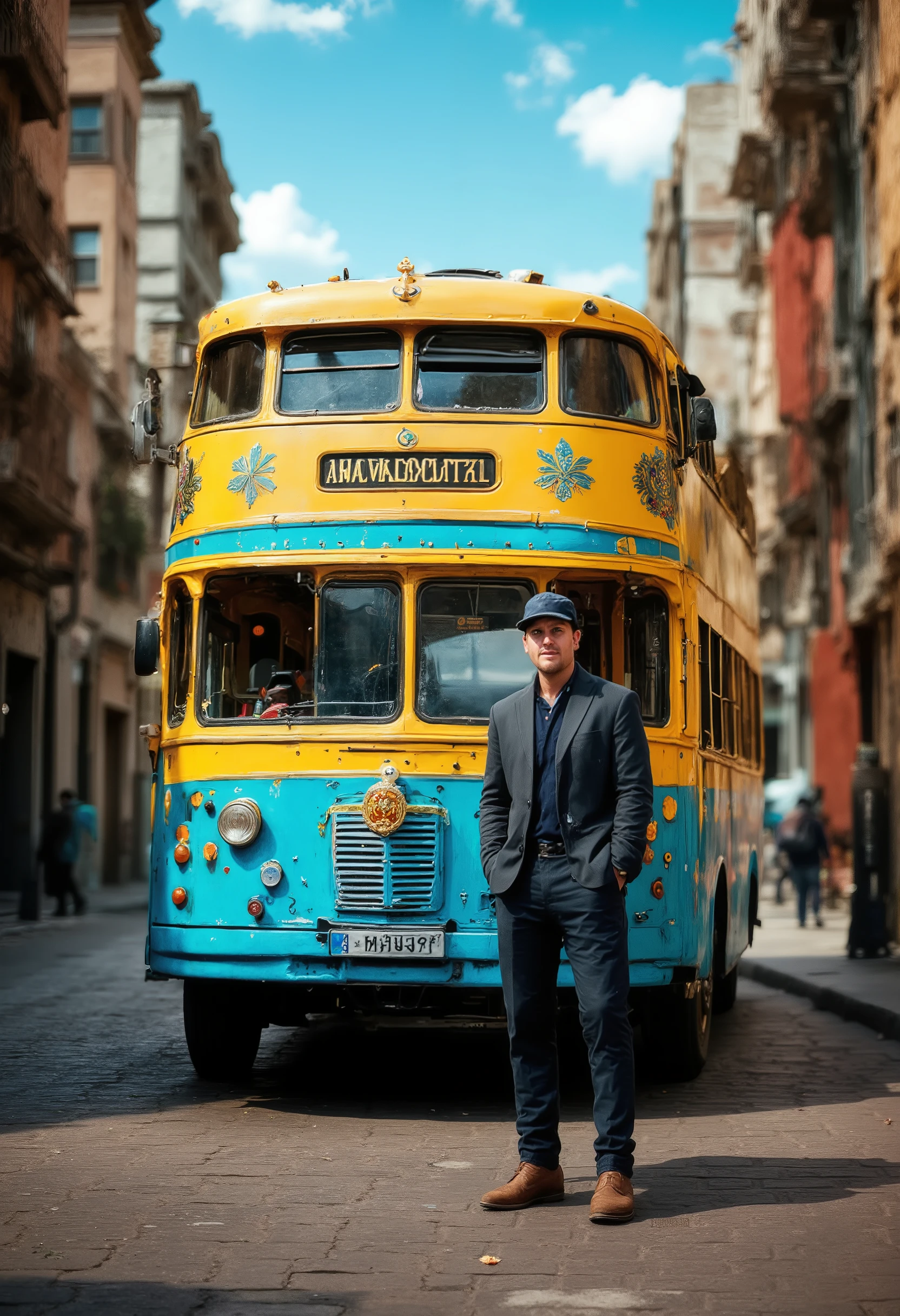 A Man in Nice Form Jacket and Pants with a Cap, Stands Near the Bus, smile, A Beautiful Two-Tier Bus, Yellow and Blue, Bus Driver, A Beautiful Summer Day, city, Masterpiece , Best quality, maximum details, 8 k, complex details, high resolution,