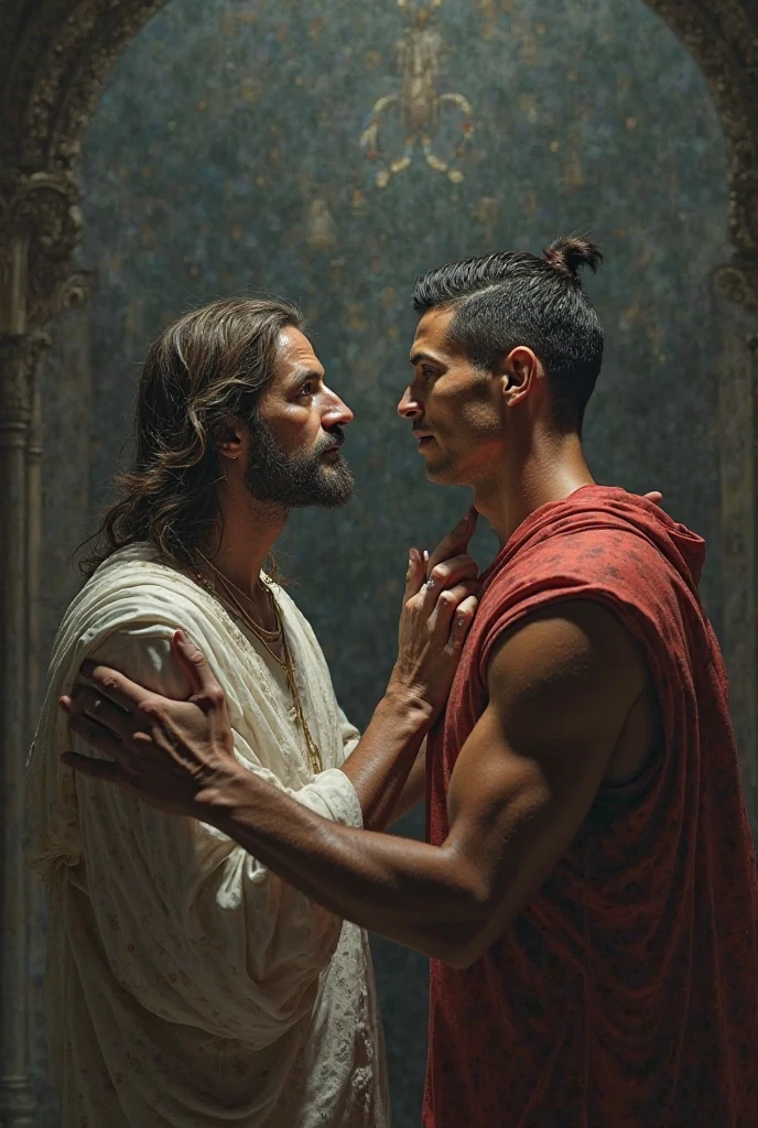 Sexy guy wearing shalwar kameez kissing a hot fully naked man wearing only hot red underwear in fair colour in  Egyptian style realistic
