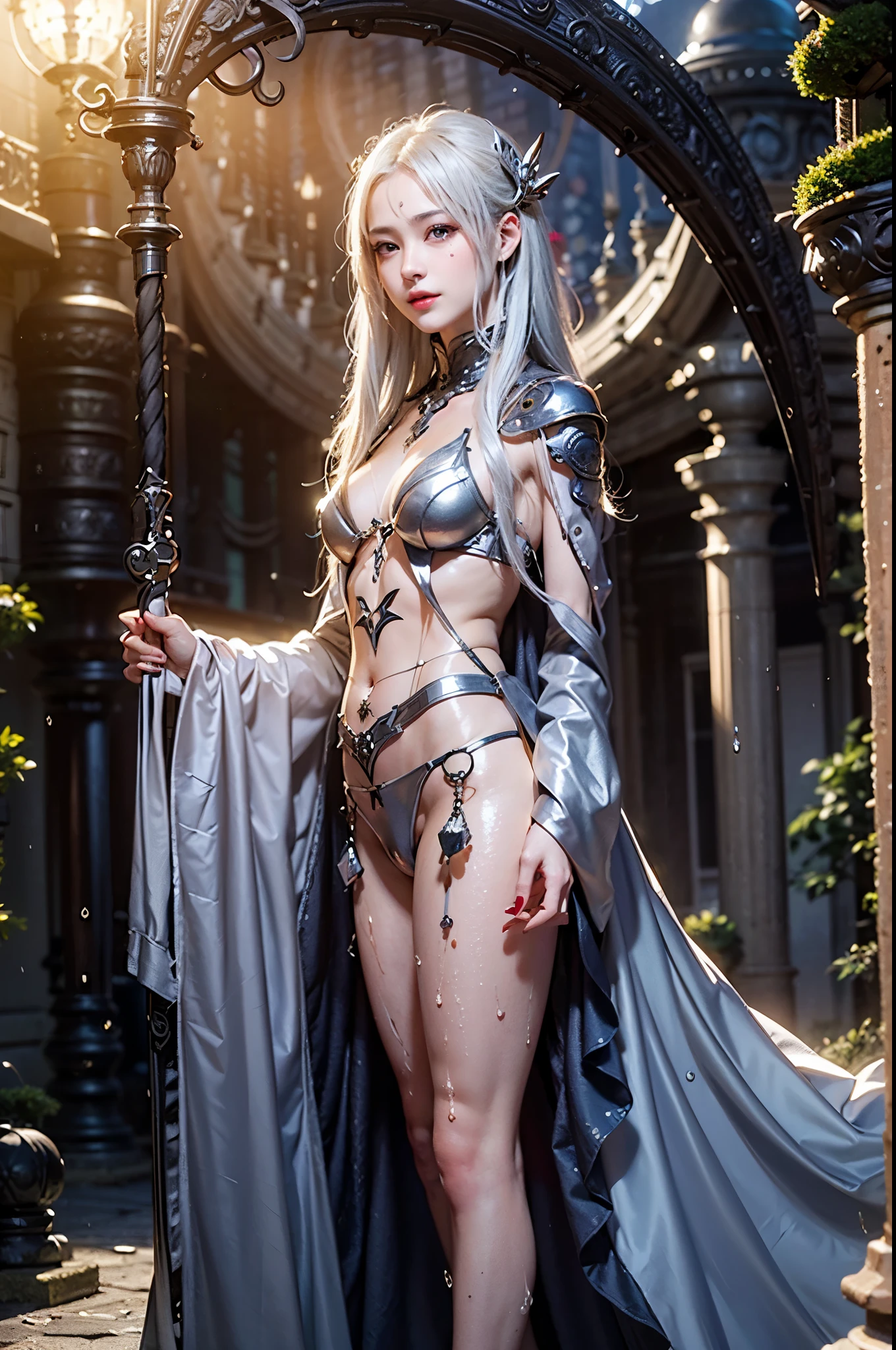 ,((Wearing a torn sheer costume of a superheroine)),(, No bra)), Wet crotch, Wet thighs, Beautiful girl with accentuated slender abs: 1.4, (((nipple tips protruding, areola is protruding, The shape of the pubic region is clearly visible)), sixpack abs: 1.4, Bust Botox, Photo, Sharpness, Unique 850 4, Koda850 k portrait camera, F1.6 shots, Ultra-realistic textures, Spectacular light textures, Cinestil 800 Fashion Mechanics, (futuristic sci-fi battle fashion: 1.1), (tied perfectly by chain), Restraint, Slaves, collars, ((wide prison with sunlight)), Dark fantasy, Realistic material details, extreme hight detail, Ultra-realistic materials ((Torn costume))), Wet, Cloudy, (Chained)), ((big emphasized by chains)), ((chains digging into crotch)), ( (Collar)), (, No bra), shredded costumes, broken golden shields and battle spears,, White combat gloves, Combat shoulder armor, Blood splattered on the face, Blood splattered, Realistic, (Bruises, Dirty, ripped clothing, skimpy clothing, Blood: 1.3), Torn Cape, Torn pantyhose, Long legs, ((iron pipe in the crotch)), Metallic shackles and fetters, ((chains hung from heaven)), Wet crotch is clearly visible, Swarovski's sword and the anatomy beneath his feet, (futuristic sci-fi battle fashion, Torn mesh stockings),legs crossed