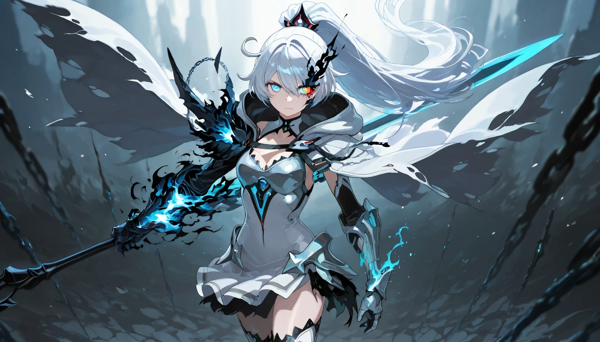 Anime illustration, detailed anime artstyle, cinematic background, extremely detailed background, backlighting, backlit, cold light, colorful, light reflection, solo, 1girl, (cowboy shot, upper body shot:1.2), asymmetrical armor, detailed skin, extremely detailed eyes, dynamic pose, Kiana, pure shining white hair, [long hair, high ponytail|(black flames, burning hair:1.2):0.4], kiana kaslana, flat chest blue eyes, bright eyes, glowing eyes, ringed eyes, HoF_Def, dress, white dress with black trim, shining trim, cosmic trim, white breastplate, clothing cutout, broken armor, cracked armor, battle dress, (broken clothes, clothes break:1.1), [shredded cape, broken cape|burning wings], [blue liquid flames, wielding a greatsword|(swordstaff, glaive, black flames, black napalm:1.2):0.5], sports bra, cloak, d4rkr34p3r, armor:pauldrons, hood, choker, gauntlets, chain:thighhighs, half-skirt, high heel boots, closed mouth, burning eye, flame eye, serious expression