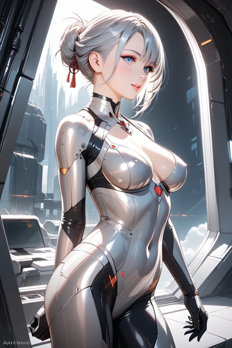 optimum,tmasterpiece,hight resolution,best qualtiy,hyper HD,super detailing,awardwinning,16 K,独奏,(The upper part of the body),anatomy correct,Beautiful cyberpunk girl,cowboy shot、cute face,,a blond、bob cuts、Red ribbon hair ornament、Hairline,((scarlet eyes)),long eyelasher,Hanging eye corners,White skin of the,((Shoot head-on)), ((plugsuit:1.5)), ((Clocktop、)), ((Sheer nipples))、Rocket Tits, (Slim body),