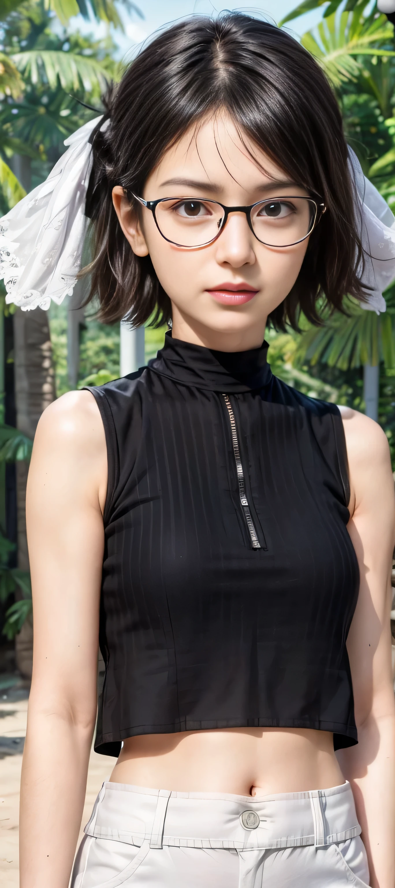 masterpiece, best quality, (realistic,photo-realistic:1.4), (RAW photo:1.2), extremely detailed CG unity 8k wallpaper, delicate and beautiful, amazing,finely detail, official art, absurdres, incredibly absurdres, huge filesize, ultra-detailed,extremely detailed eyes and face,light on face,(smirk),(wearing red framed glasses:1.4),sarada,(black hair:1.4),(short hair:1.4),(wearing black crop top:1.5),(jungle background:1.4), navel,(sidelocks:1.5),(hair ribbon:1.5), navel, white pants