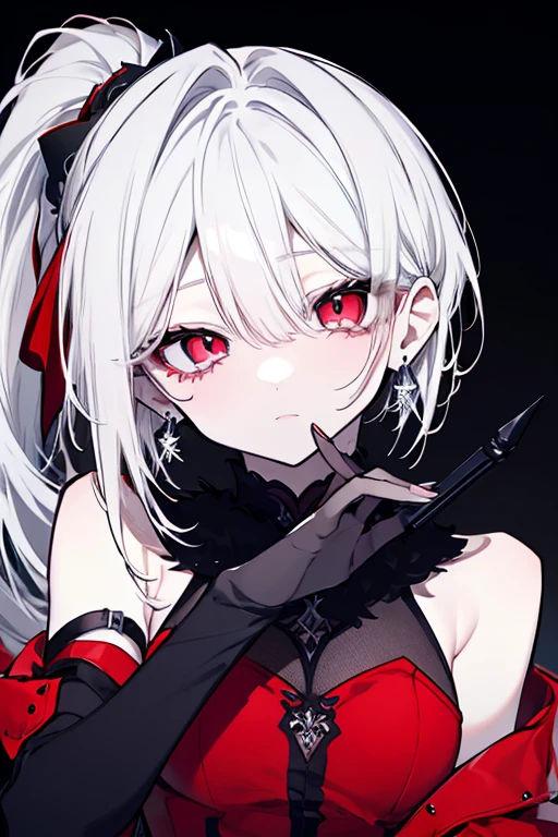A pretty demon girl with white hair and green eyes, wearing a black top with red skin, from.