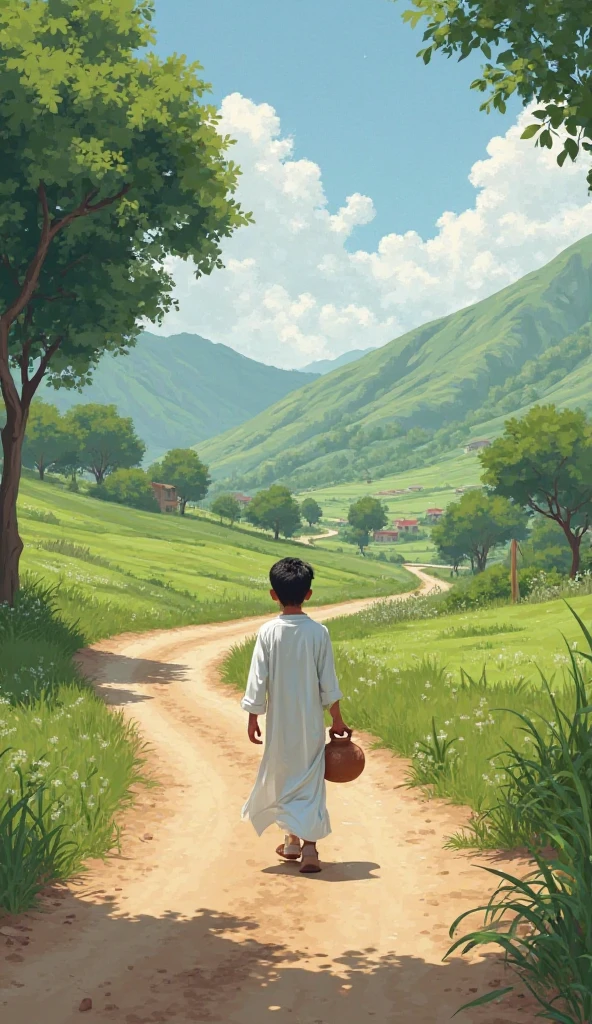 Make a story illustration art.
A boy in simple shalwar qameez, lives in a village, going to home to take a milk in the dol. Boys back seeing, not front way.