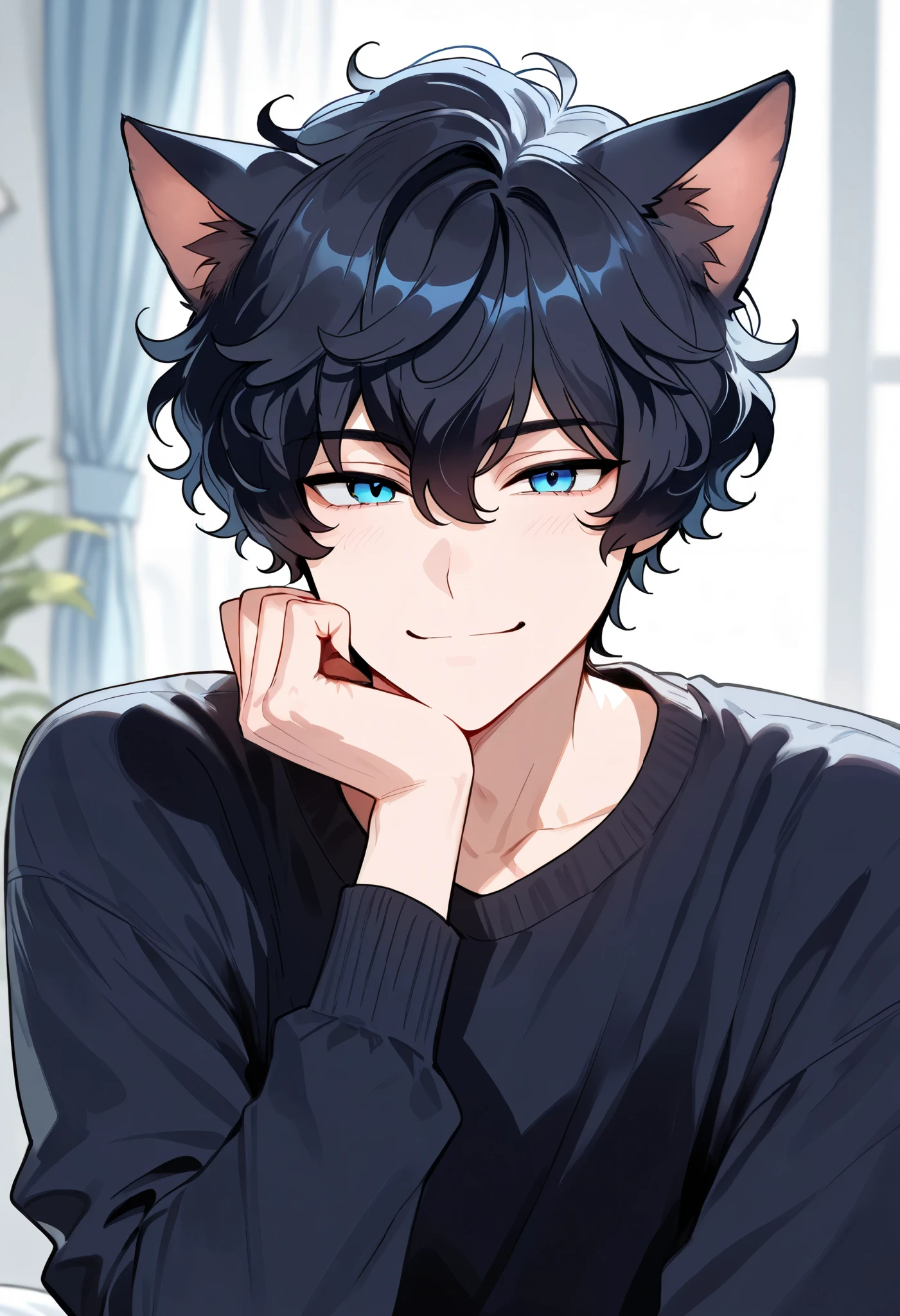 1boy, short hair, black hair, wavy hair, blue eyes, cat boy, smiling