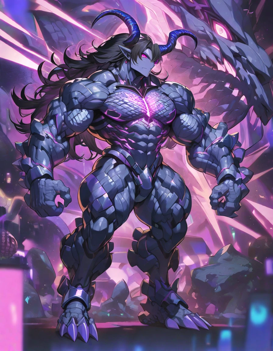 One, good looking, 1 person, Sporty body, V-shaped body, Detailed armor in black with purple glittering details, black demon horns, Long Hair, Black Hair, Reddish purple color of reptile eyes, Purple thread, Black light,A muscular ,Wicked Smile,Huge muscles,Huge penis