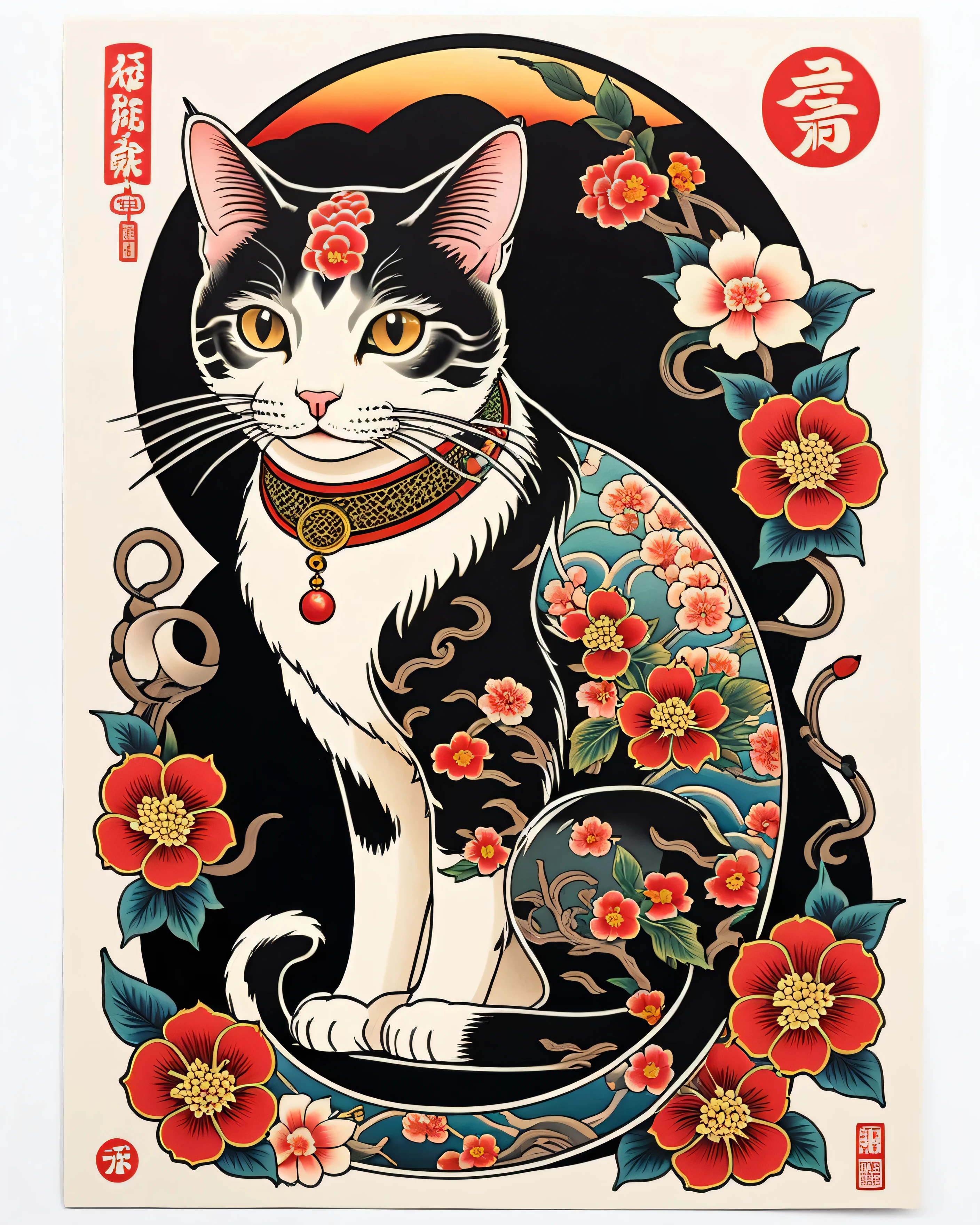 Traditional Japanese tattoo design , Neo-Japanese style cat, sticker art ,