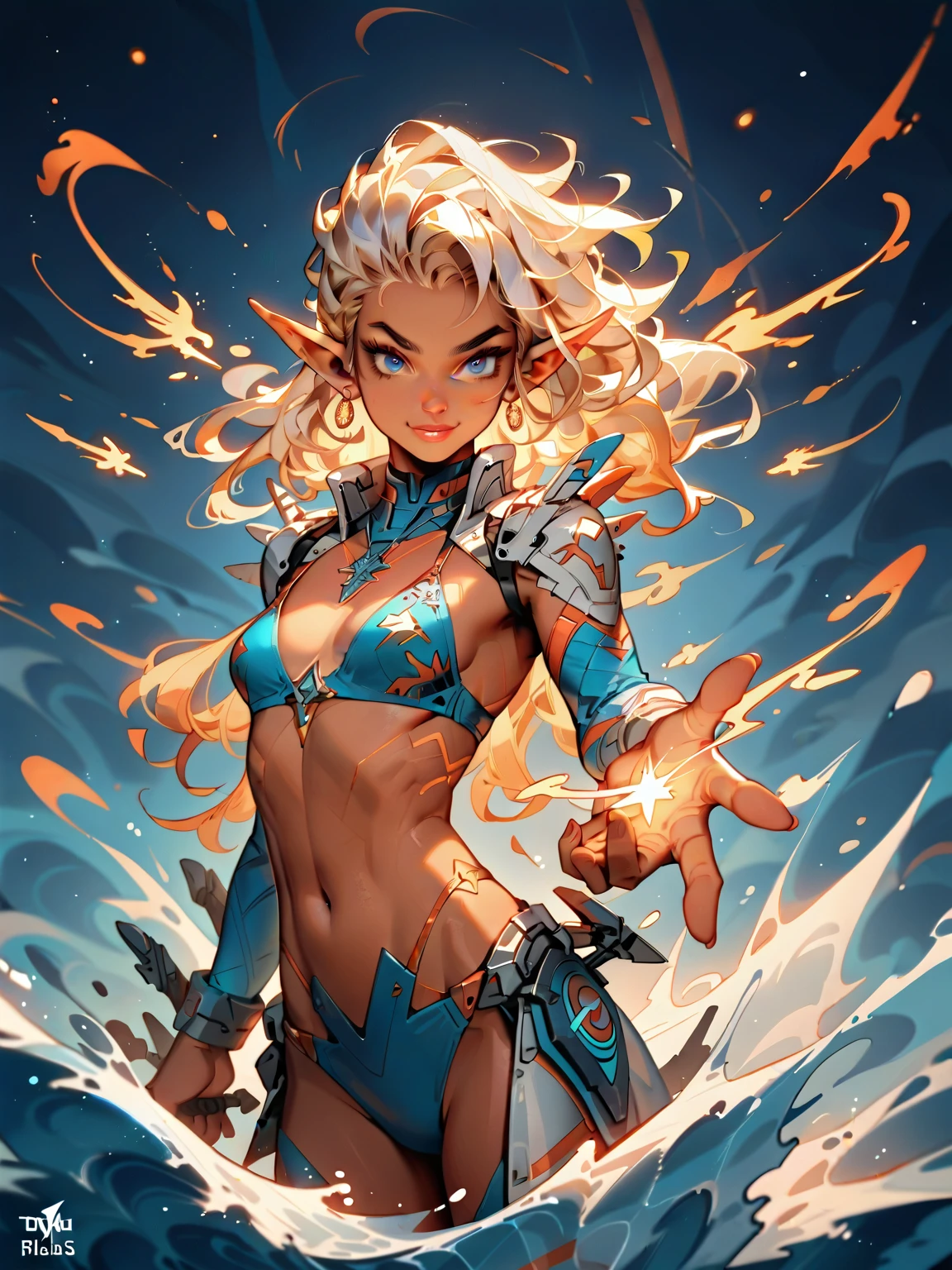 (masterpiece, best quality), girl, wearing micro thong  ((orange micro-thong bikini:fire_pattern_design_bikini)) , bio-luminescent_water_world, wide angle, athletic body, shinny_skin, flat chest, silver eyes, green long spiked hair styled in spikes, determined expression, small waist, broad chest, big mane, muscular , illustration, watercolor ink sketch, ((extremely detailed, extremely detailed legs, extremely detailed arms, extremely detailed face, perfectly detailed eyes, perfectly detailed anatomy))