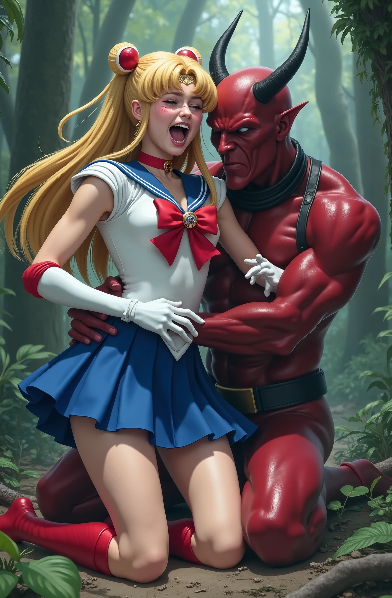 Hyperrealism, masterpiece, highest quality, A young Japanese woman is sitting on the devil lap, ((she is crying and screaming in pain)), tears from her eyes, painful face, she is wearing a Sailor Moon costume, Blue sailor collar, Blue short mini pleated skirt, she is wearing pleated skirt, blue pleated skirt, Long white gloves, shiny beige color pantyhose, red high boots, Exposed thighs, red long boots, big choker, long blonde Hair, a devil is kneeling sexual assault her, the devil is hugging her tightly and touching her leg, the girl push his hand out, in the jungle,