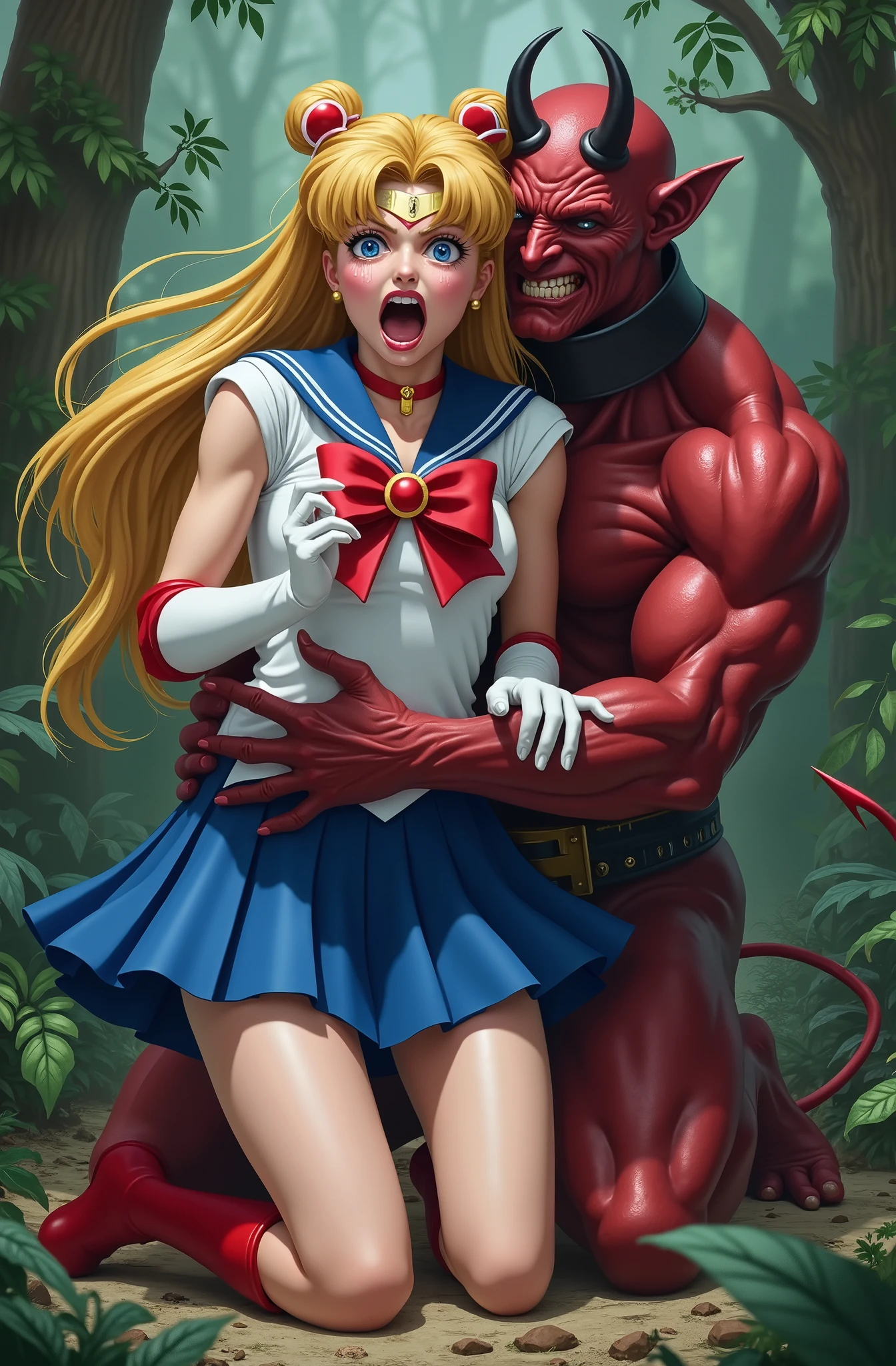 Hyperrealism, masterpiece, highest quality, A young Japanese woman is sitting on the devil lap, ((she is crying and screaming in pain)), tears from her eyes, painful face, she is wearing a Sailor Moon costume, Blue sailor collar, Blue short mini pleated skirt, she is wearing pleated skirt, blue pleated skirt, Long white gloves, shiny beige color pantyhose, red high boots, Exposed thighs, red long boots, big choker, long blonde Hair, a devil is kneeling sexual assault her, the devil is hugging her tightly and touching her leg, the girl push his hand out, in the jungle,