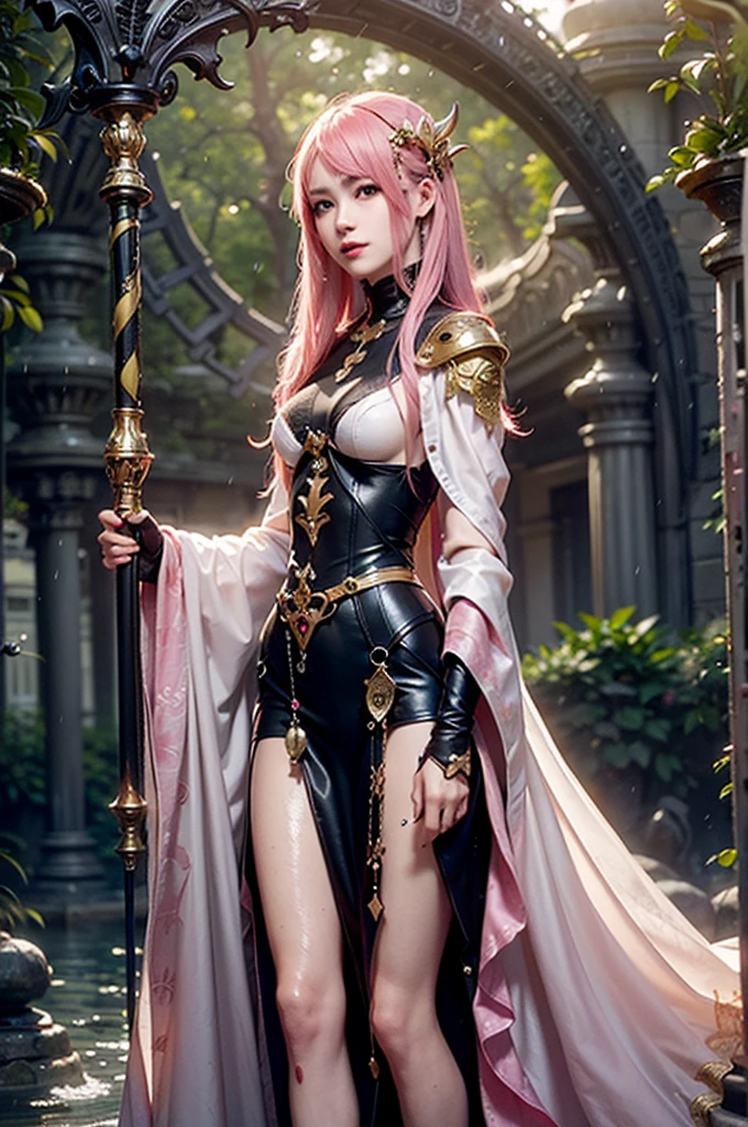 ((Masterpiece, top quality)), (((Cinematic Light)), Queen of the Underworld, Devil, Mix, Horror, Dark Fantasy, Detailed Armor, (Insanely Detailed, Flowers), Detailed Long Boots, Beautiful Detailed Eyes, Pink Hair, Long Hair, Floating Hair, Navel, Long Cape, Isekai, Luxurious Gold Decoration, Throne Room, Sitting on the Throne, Large and Luxurious Throne