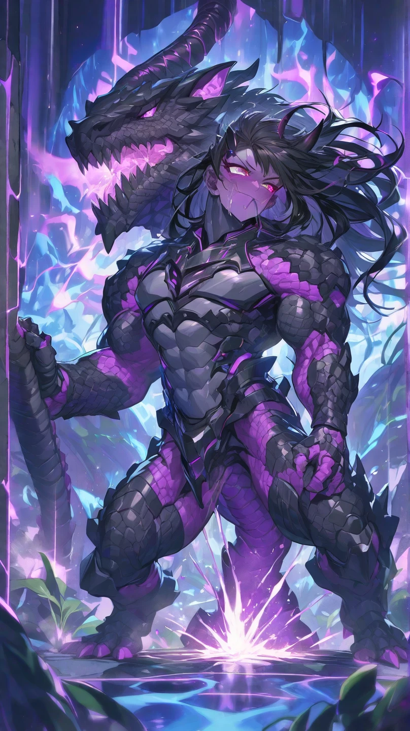 good looking,Sporty body, V-shaped body, Detailed armor in black with purple glittering details, black demon horns, Long Hair, Black Hair, Reddish purple color of reptile eyes, Purple thread, Black light,Muscular boy,Huge penis,Huge muscles,Being raped,Orgy,Devil's Wings,Evil Eye,A deep kiss、Saliva exchange,Young boy,Full body image,On all fours,Spread your ass,Orgy、Hünkel