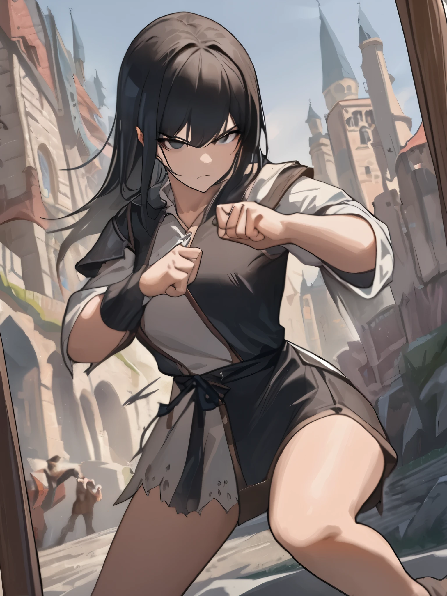 fantasy world、 medieval European style cityscape、Wangcheng in the distance、Beautiful girl with long black hair、 Martial Arts Stance、sharp eyesight、 serious expression、Hi-Res, Highest quality, masterpiece, standing picture, foot out of the frame,