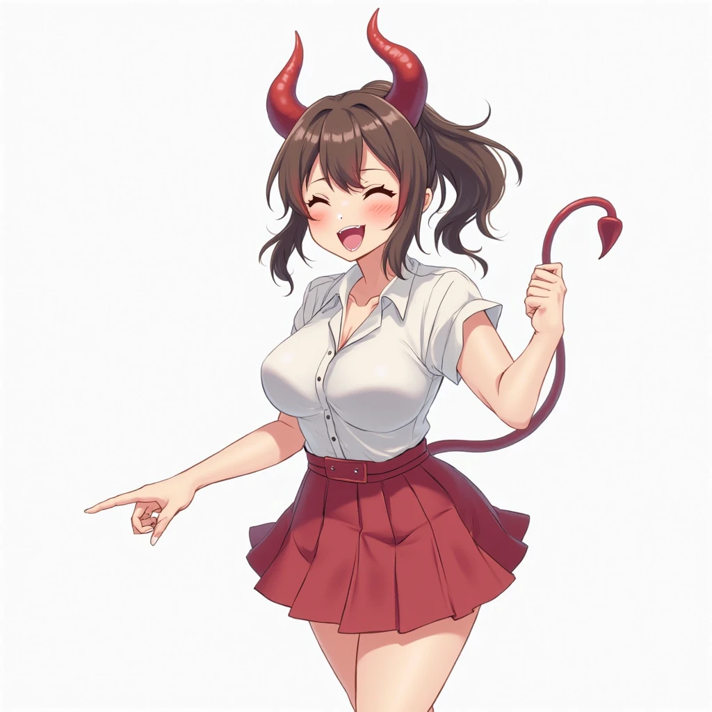 (SFW:1.5),(Small breasts:1.3),beautiful, masterpiece, Highest quality, anime, 1 Female, alone, look at viewer, Intricate details, (Shining Eyes:1.3),(Beautifully detailed eyes:1.1),(Eyes are bright red:1.5),(short hair:1.5),(sidelocks:1.4),(Demon horns on head:1.5),(Brown Hair:1.5), (slant eyes), Cheerful eyes,(Mouth wide open and fangs:1.3),(White sleeveless shirt:1.5),(jeans:1),(Sharp focus:1.2),from front,(light smile:1),(upper body:2),(aggressive),off shoulder,(fighting stance:1.5),
