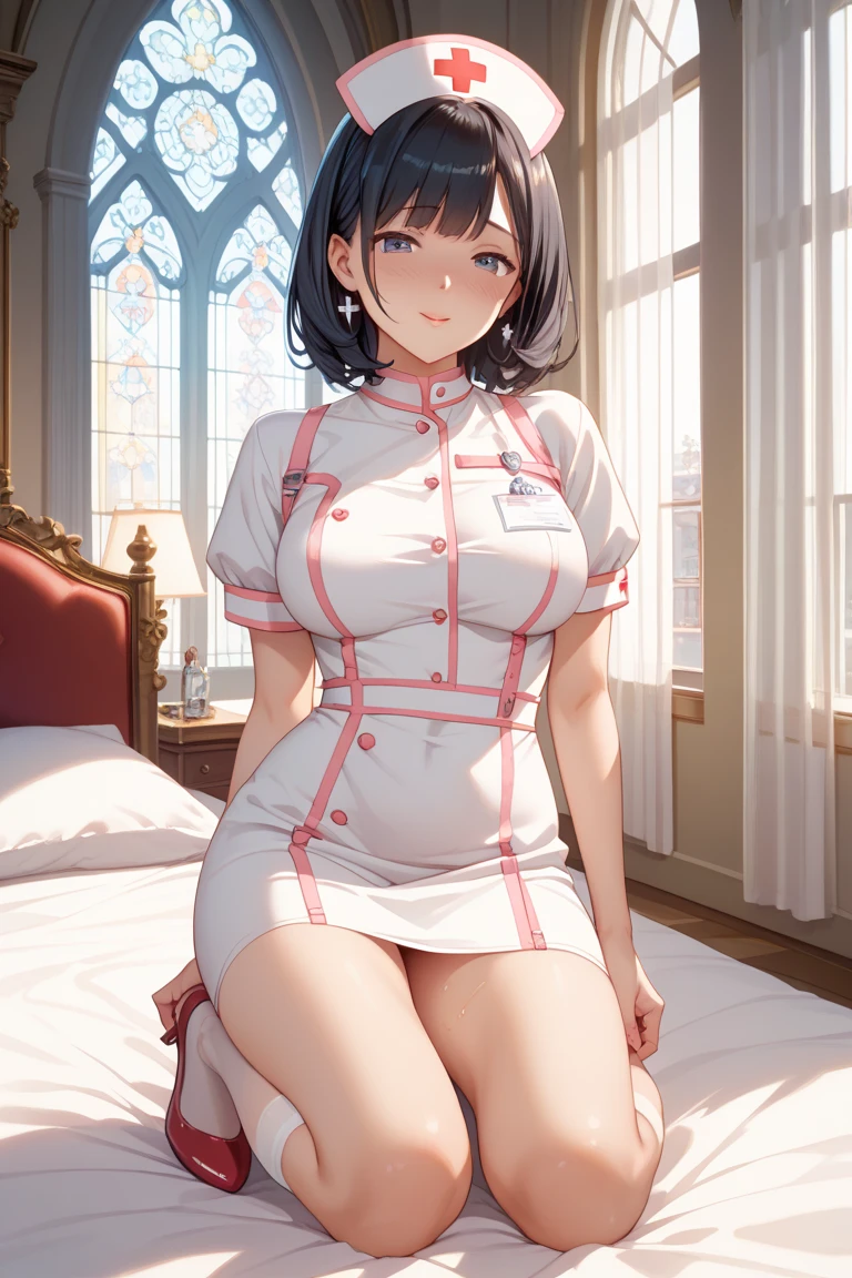 masterpiece, best quality, highres, aasugu, short hair, hairclip, cleavage, pajamas, red shirt, dress shirt, bare legs, standing, cowboy shot, indoors, room