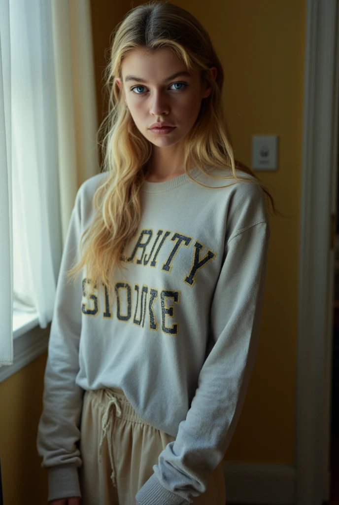 (masterpiece, best quality, ultra-detailed, realistic), a beautiful college girl, blonde, sorority sweatshirt, close-up, girl next door, baggy clothes, interior, film grain, retro, (bokeh:1.3), Porta 160 color, shot on ARRI ALEXA 65, sharp focus on subject, Fujifilm XT-3, covered up