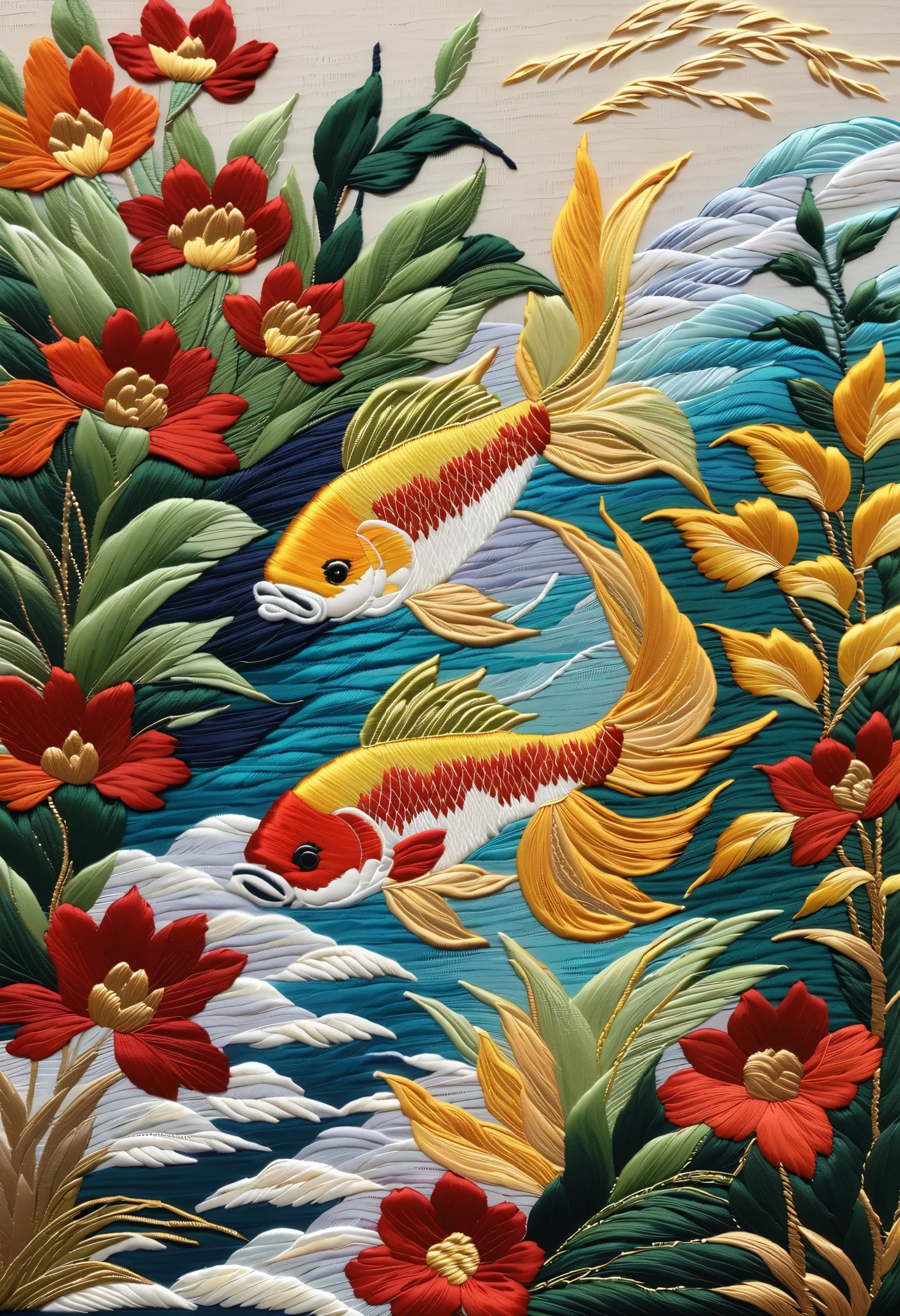 ( Embroidery work),Thin and Agile Fish, Background and :plant, spray ,Traditional Chinese Colors,Low saturation,Level Composition, leave blank ,Silver Silk Thread,Shiny Silk Thread,Silk Textures,Delicate Needlework, brighter,Shiny Suzhou Embroidery,New Craft Brushes,Chen Jialing, Textured Matte ,,Dazzling Light and Shadow,Song Huizong,