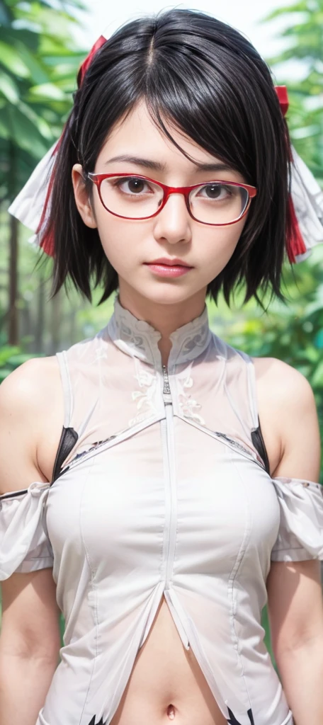 Highest quality, masterpiece, High resolution, alone, (Kirishima Kai Ni_Fleet Collection:1.15), short_hair, Glasses, black_hair, hairband, ((Non-traditional_Shrine maiden, blackいプリーツスカート,)) Green Frame_Glasses, headgear, One girl, 