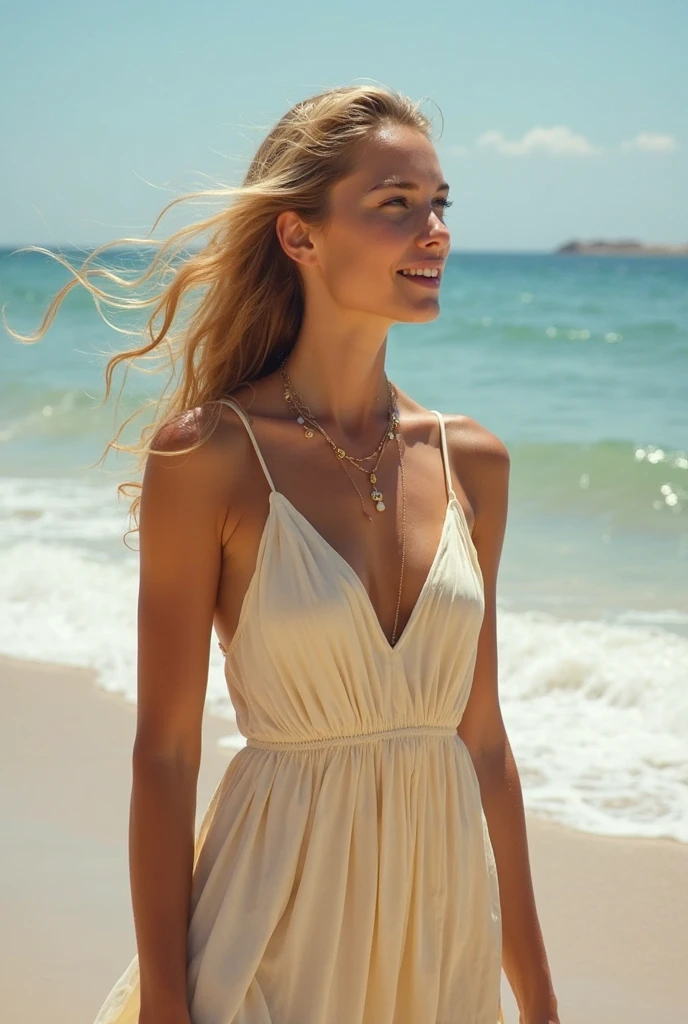 An 18 year old girl on the beach smiling happily with her eyes closed and her long hair flying in the wind as well as her thin white dress, she wears jewelry on her neck and arms. ultra realisitic, good lighting, qualidade maxima
