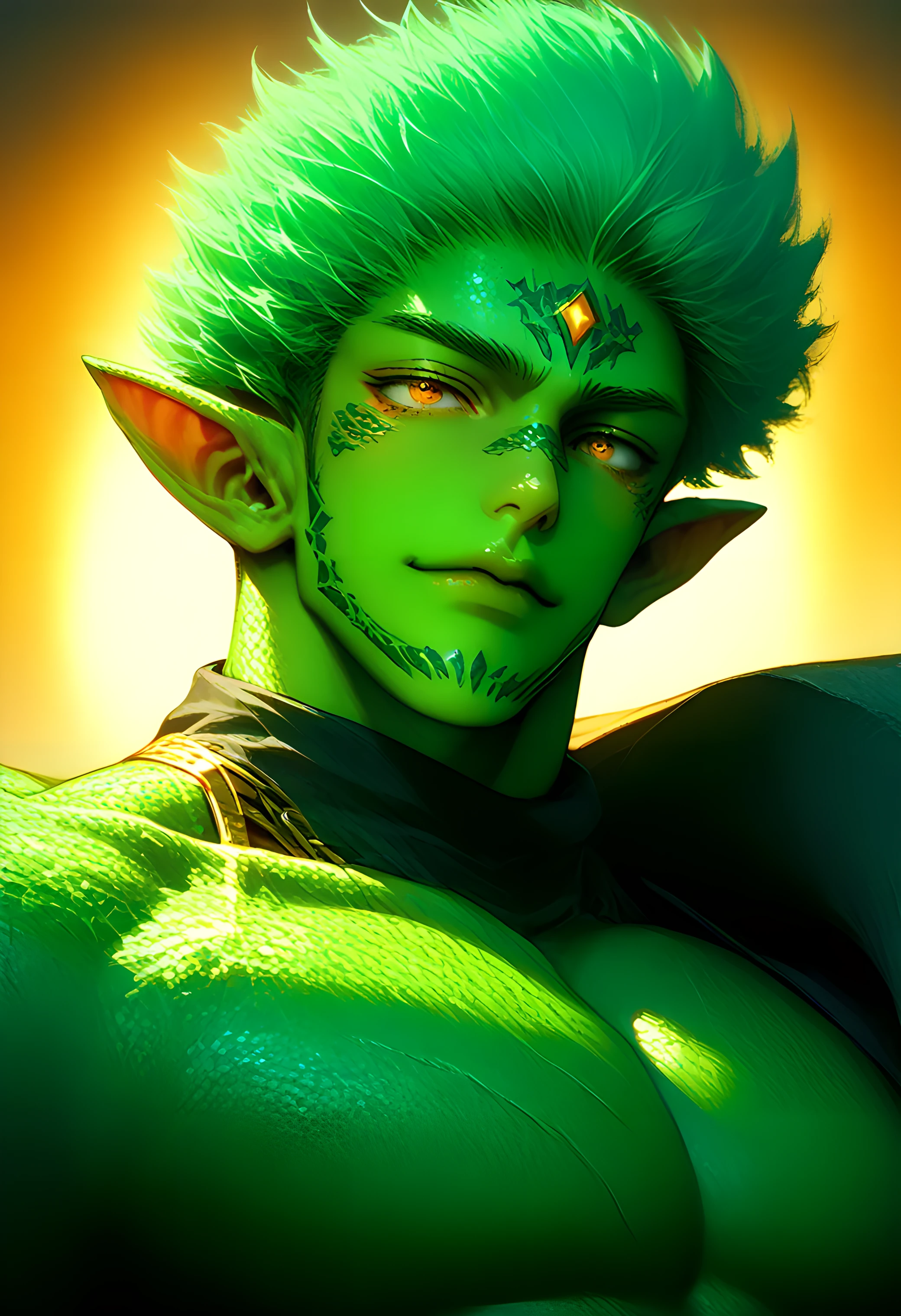score_9, score_8_up, score_7_up, Score_9, score_8_up, score_7_up, (((intricate design))) (((professional))) (((clear focus))) (((32k UHD Resolution))) (((photorealistic))) (((hyper-detail))) (((masterpiece))) ultra-realistic, expressive eyes, perfect face, Unreal Engine Rendering, cinema4D, Octane Rendering, Global illumination, beautiful landscapes, epic landscapes, mesmerizing eyes, perfectly detailed anatomy, low contrast, (((Volumetric lighting))) (((cinematic lighting))) (((1Male))) (((muscular))) there is a sexy mature man with green paint on his body, green colored skin, gay, green skin! (((green colored skin!!))), (((green skin))) (((green-skinned))), ((green skin with scales)), ((green skin)), (((greenish skin))) plantation on the male body, fluorescent green skin, (((radiant orange eyes))) (((a powerful nature deity))), elf ears, hot reptile muscular humanoid man, scales, muscular green body,
