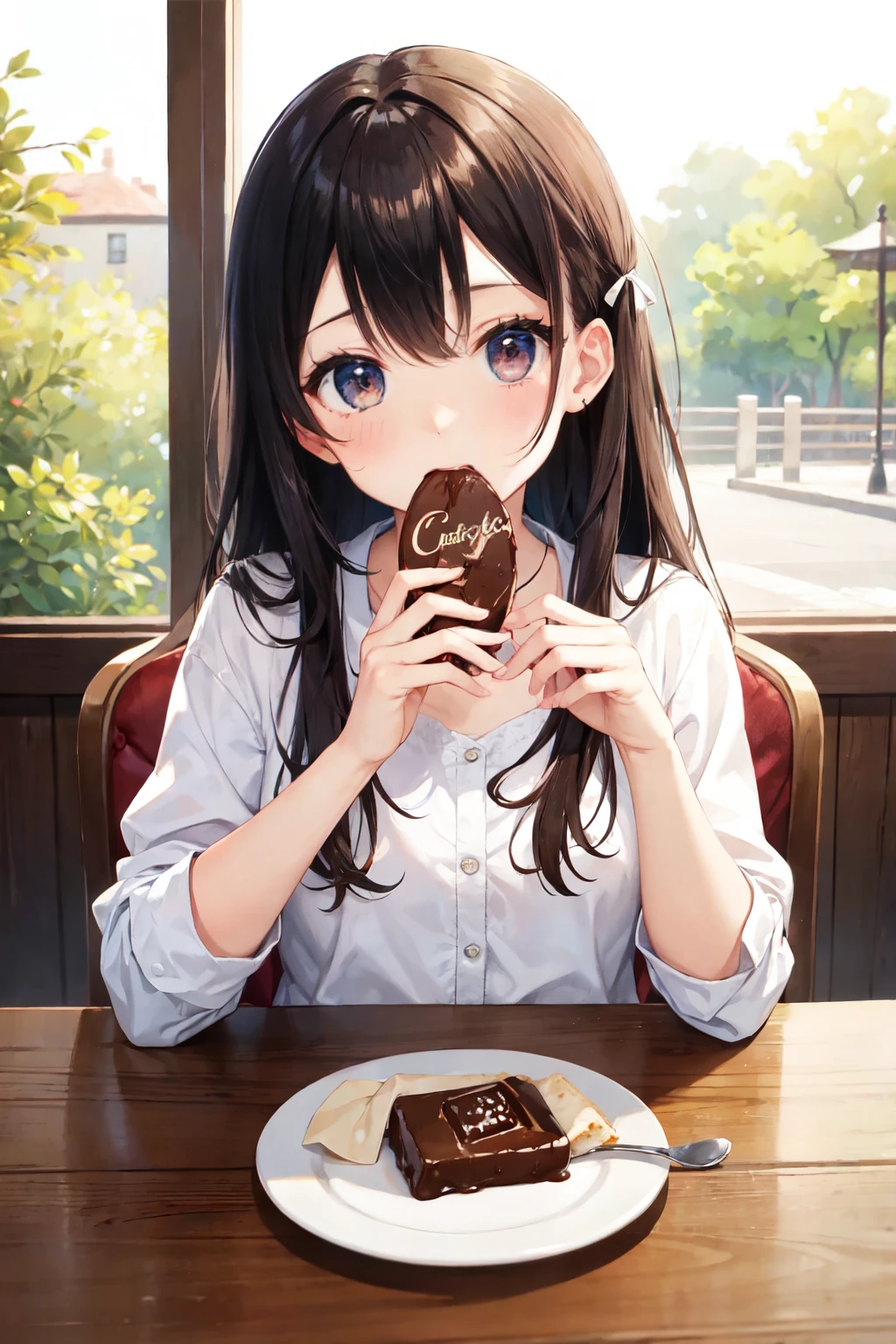 4k, bestquality, detailed, detailed scenery, detailed eyes, 1Girl, cute, adorable, straight hair, long hair, black hair, brown eyes, cleavage, smiling, looking at the camera, sitting, at cozy cafe, drinking a cup of coffee, (on table A latte art etching of the words 'I LOVE YOU':1.5), (Holding and eating a crepe shaped like an inverted triangle by hand:1.0), school uniform, Polo shirt, mini skirt