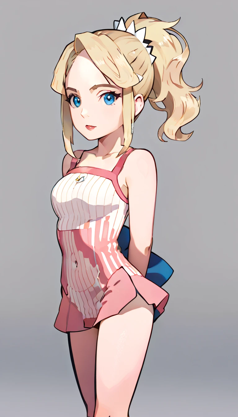 ((outline)), portrait, dutch angle, solo, 1girl, long blonde hair, wavy hair, pink dress, thighighs, medium breasts, frilled dress, blue eyes, neckwear, twin ponytails, curly hair, fit build, looking at viewer, hand on hip, head tilt, :<, frown, annoyed, cute, dollgirl, doll joints, masterpiece, best quality, absurdres, simple background, framed, dark pink background, perfect shadows, volumetric lightning, cinematic lightning,