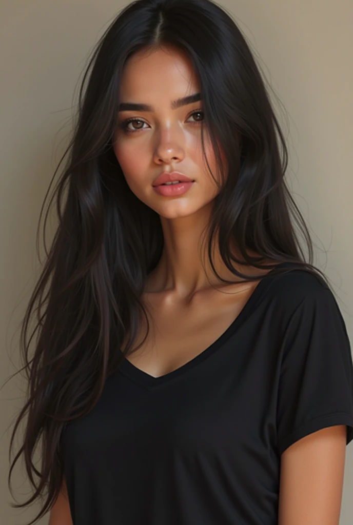 Brown woman with long black wavy hair, slanted black eyes, with a yellow t-shirt .