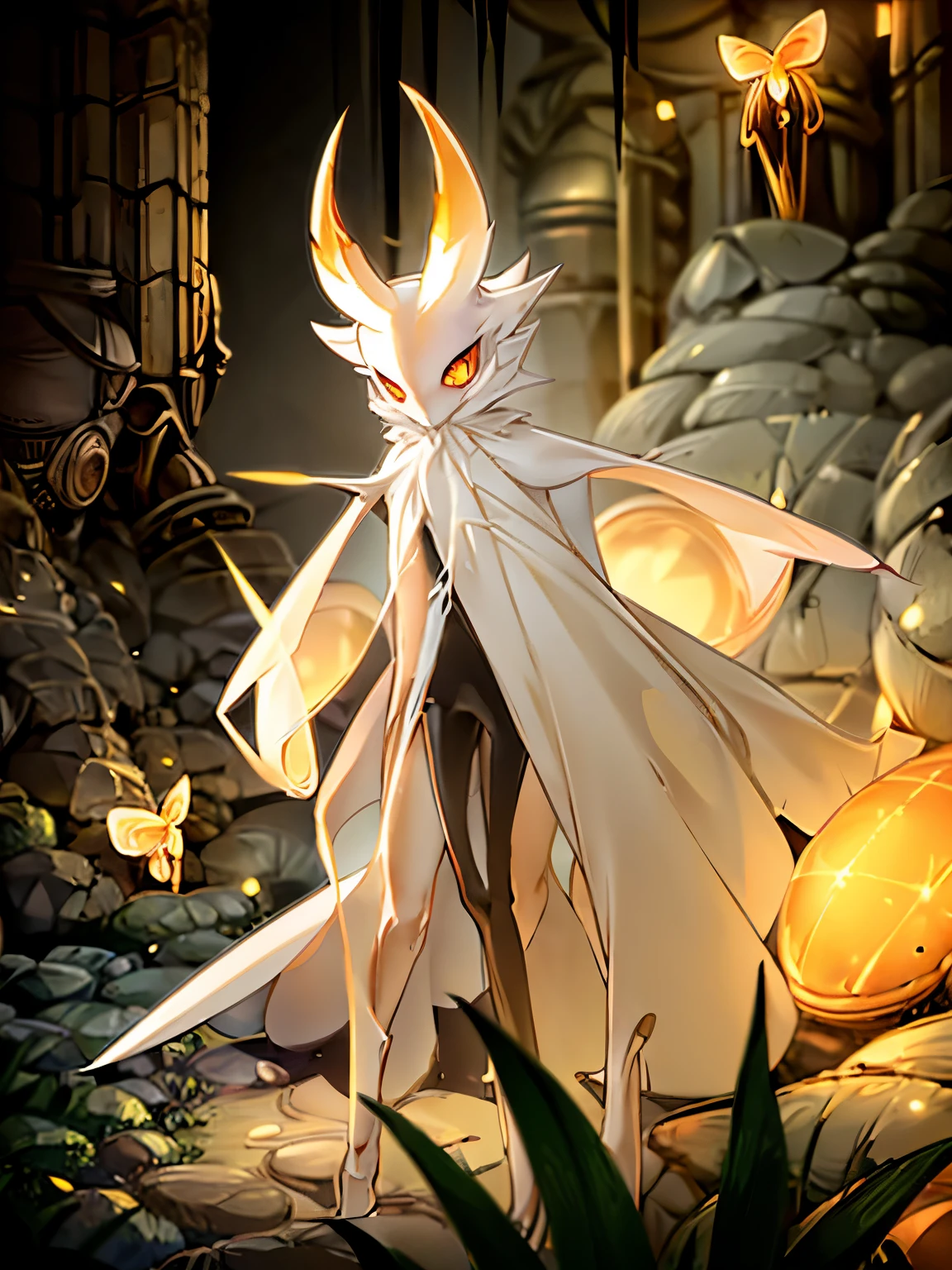 One, humanoid moth, pale fur on the face, light orange eyes, beige hooded cloak, two long antennae like a moth, black legs, White frog