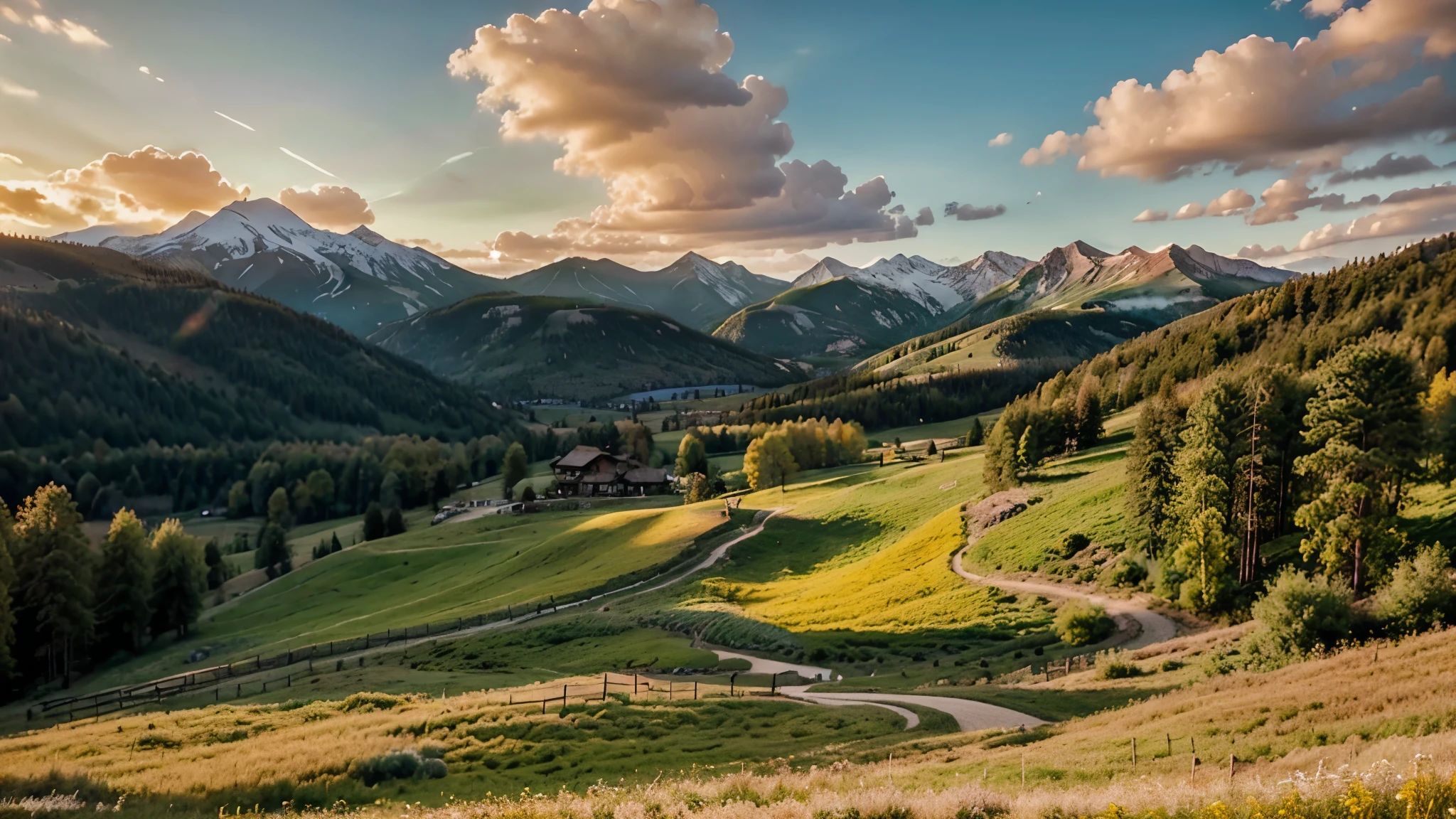 Wide, golden meadows, beautiful mountain views, realistic sunsets. There are no trees, just a wide, open field.