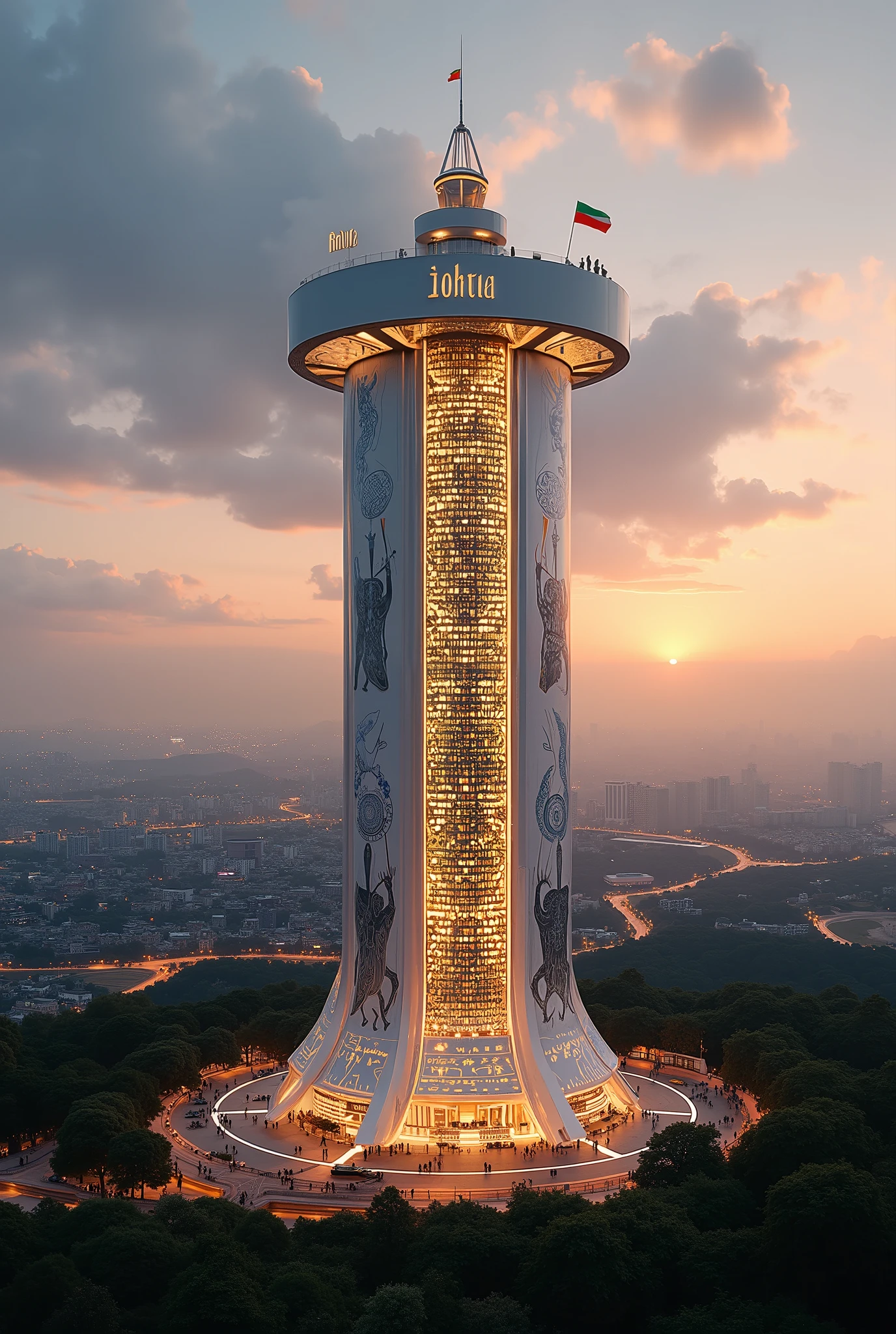 A majestic, futuristic towering building celebrating the victory at the Battle of Adwa, set against a dramatic twilight sky with scattered clouds and a radiant golden glow on the horizon, symbolizing triumph. The building features a sleek, circular, open-ring design with a white and silver exterior, adorned with a lattice-like pattern of intricate metalwork that resembles interwoven Ethiopian shields and spears, glowing warmly with golden lights from within. It stands on a lush, green hill surrounded by a city skyline at dusk, with winding roads, trees, and distant illuminated buildings below, evoking Addis Ababa’s urban landscape. The structure is topped with the Ethiopian flag fluttering proudly, and the word ‘Adwa’ is illuminated in bold, elegant letters at the peak, glowing fiercely against the dark sky. At the base, a stylized, rocky representation of Mount Semayata rises, etched with vivid carvings of Ethiopian warriors holding shields and spears, crosses, and battle banners, symbolizing the Christian faith and resistance of Emperor Menelik II. The building’s facade is adorned with dynamic, embossed silhouettes of Ethiopian cavalry charging and victorious soldiers raising spears in celebration, capturing the fierce and triumphant spirit of the 1896 victory, blending history, culture, and modernity in a visually striking composition."
This refined prompt should create a powerful image that highlights the victory, incorporates shields, spears, and warrior imagery, and maintains the futuristic aesthetic. Let me know if you’d like any further adjustments, and