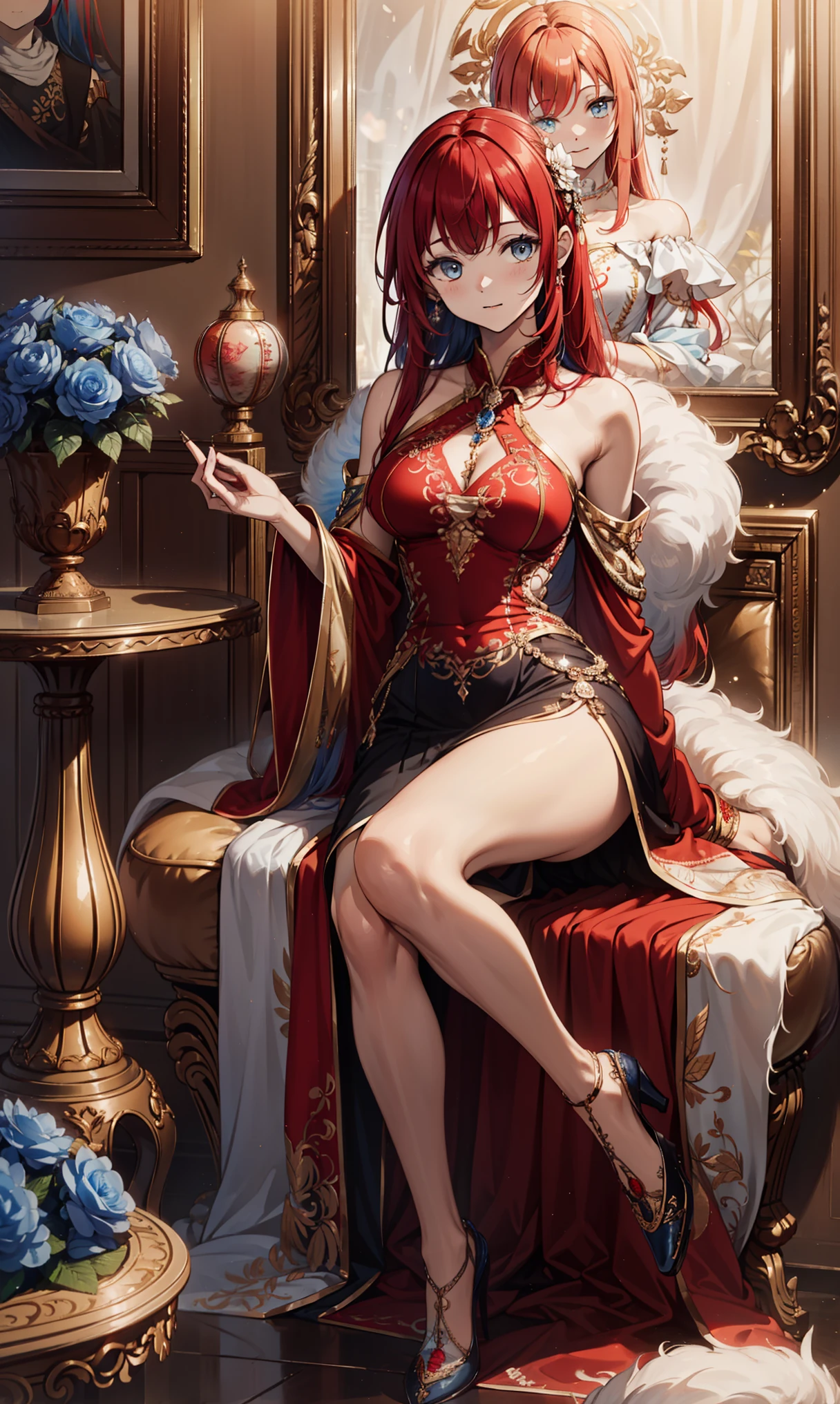 24 year old woman, curly hair, red and orange hair, Almond eyes, black eyes, the expression is relaxed but with a smile,The background is a forest , with not so revealing clothes, with a tattoo of a jellyfish, long hair, an ear piercing 