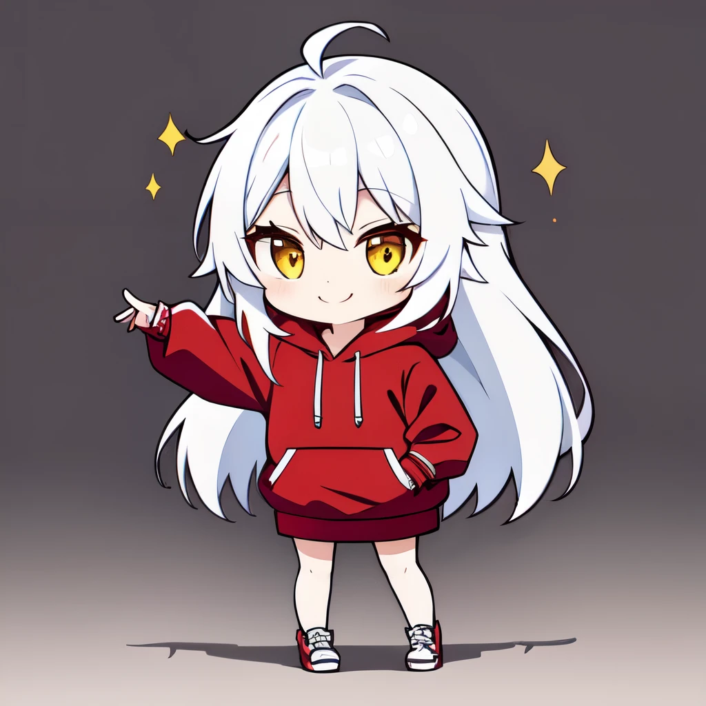 chibi, hair, She's wearing a red hoodie , full body, smile, simple background,dancing
1 girl ,alone, yellow eyes, happy,White hair, red long hair, 前hair, 長いhair, is tall ,3Life-size, mature