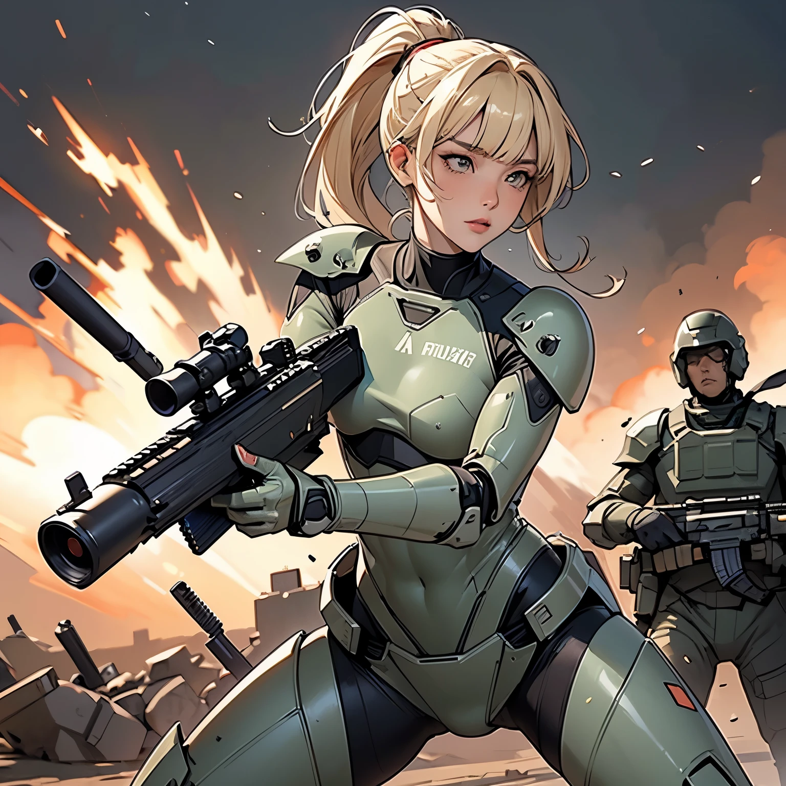 nsfw, anime screencap, 16K, perfect anatomy proportion body, perfect hands, action, A dynamic composition with a sense of speed and movement, (Hold an assault rifle:1.6), a wife, 40age, perfect beautiful delicate sexy face, erfect beautiful delicate eyes, blonde hair, blunt bangs ponytail, flat chest, Camouflage colored heavy armor robotic steam engine full armor powered suit, Many robot soldiers having a gunfight in the background, Flying bullets, Urban battlefields, war, Post-apocalyptic,