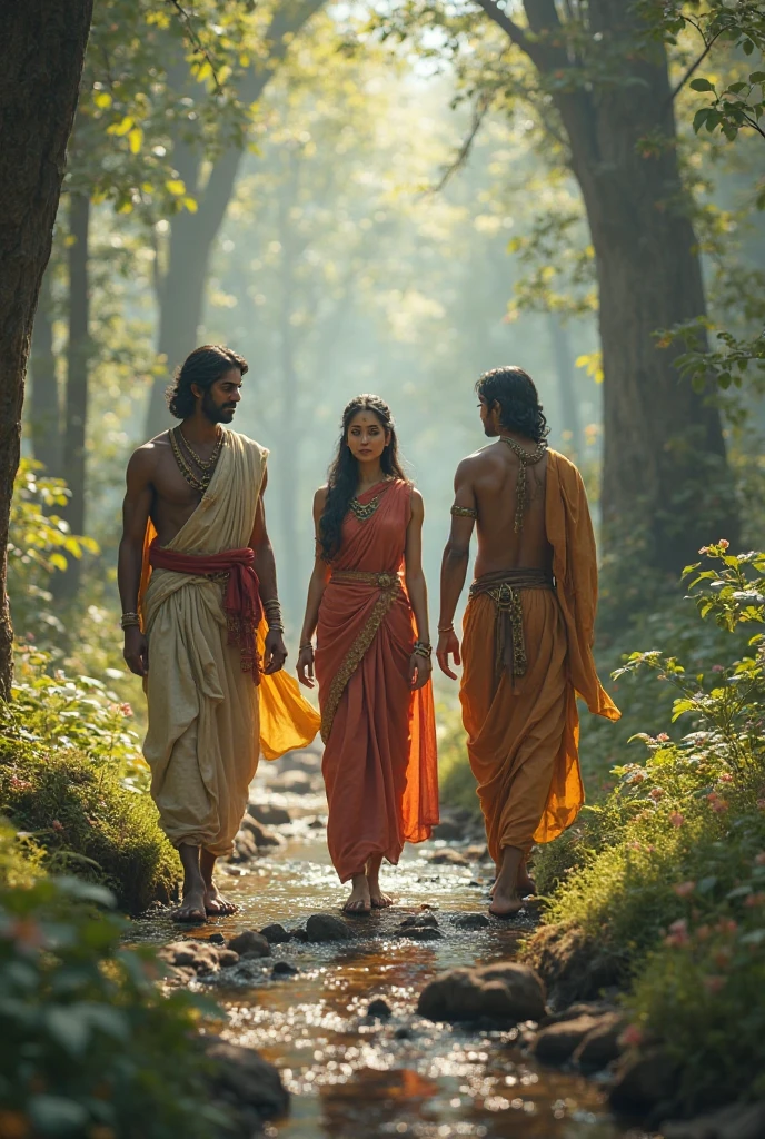 ultra realistic, 8k, extremely detailed, high quality, natural light image, daylight, sunlight floor light, ultra realistic image, realistic texture, extremely detailed, realistic texture, high quality, 2 Asian men 20s, long brown hair floating in the wind, Two ancient Indian handsome brothers wearing different colors of dhoti, having bow in hands, going to woods, near a river and a mountain, clear details, super quality, smiley faces, wearing golden crowns, long hair, age is 20 year, hinduism, big trees near, wide chest and narrow waist, soft, clear eyes, Beautiful face, with bow and arrow, hindu mythology drawing, wearing orange and green rug indian prince style, walking side by side, on a dirt road, in the surroundings beautiful colorful forest, at sunset, ultra realistic photo, perfect face details, good texture of skin, perfect shadows and light, sunbeam penetrating the forest