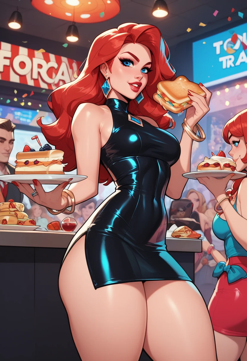 Jessica Rabbit is bored sitting in a restaurant next to an old millionaire. She wears a red dress and long boots, she has big tits and a big ass, he is talking to her
