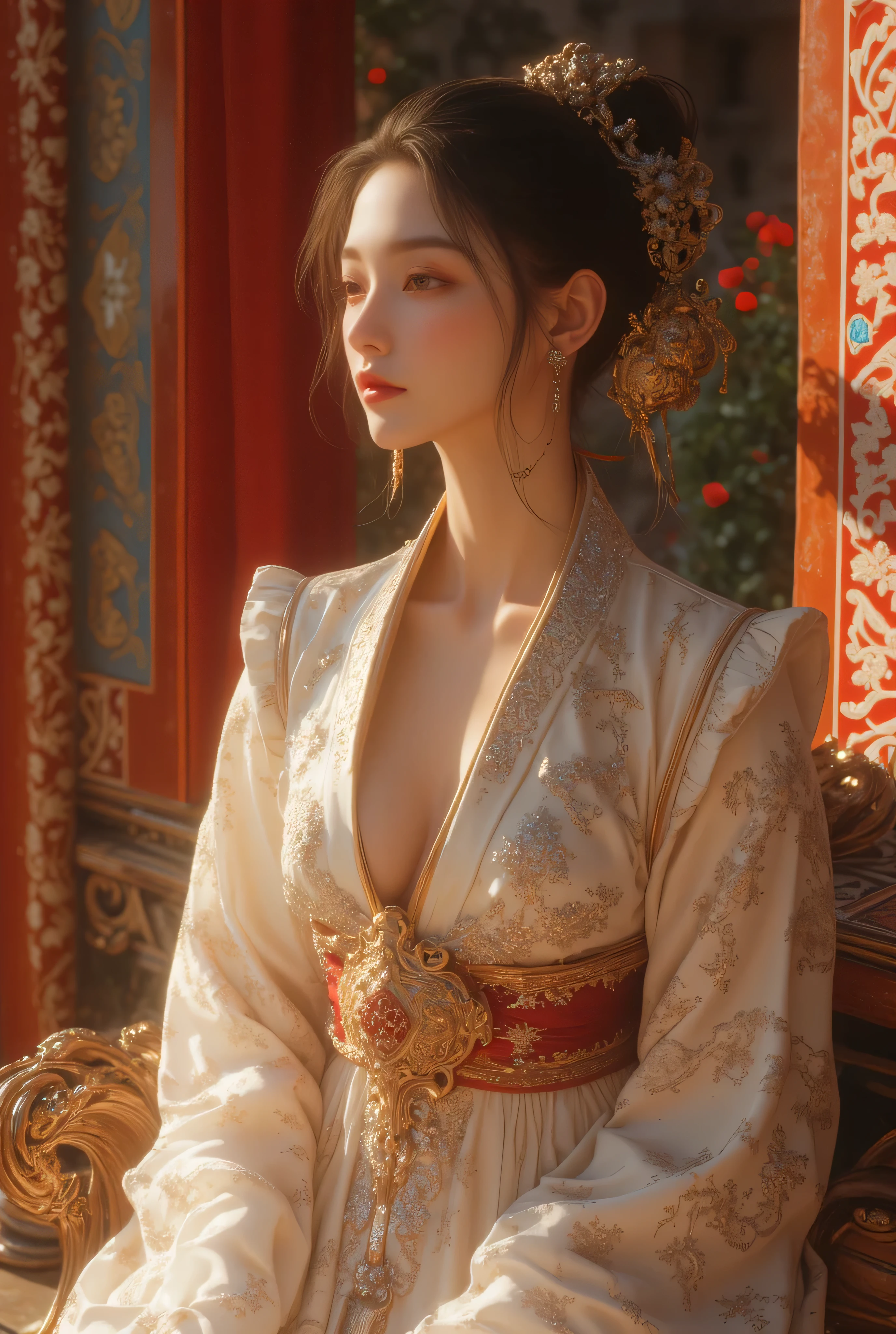 finedetail, Surreal photo,
one-girl,cabelos preto e longos,Dressed gorgeously,Dress nobly,Noble robes,nobles,Embroidery,Weaving gold,head gear，hair adornments，ear jewelry,choker necklace,Accessories,Yellow and white hanfu,exposed bare shoulders,Smooth shoulders,
Chinese Ancient Architecture,Ancient Chinese palaces,Ancient Chinese royal palace,Ancient Chinese palaces,