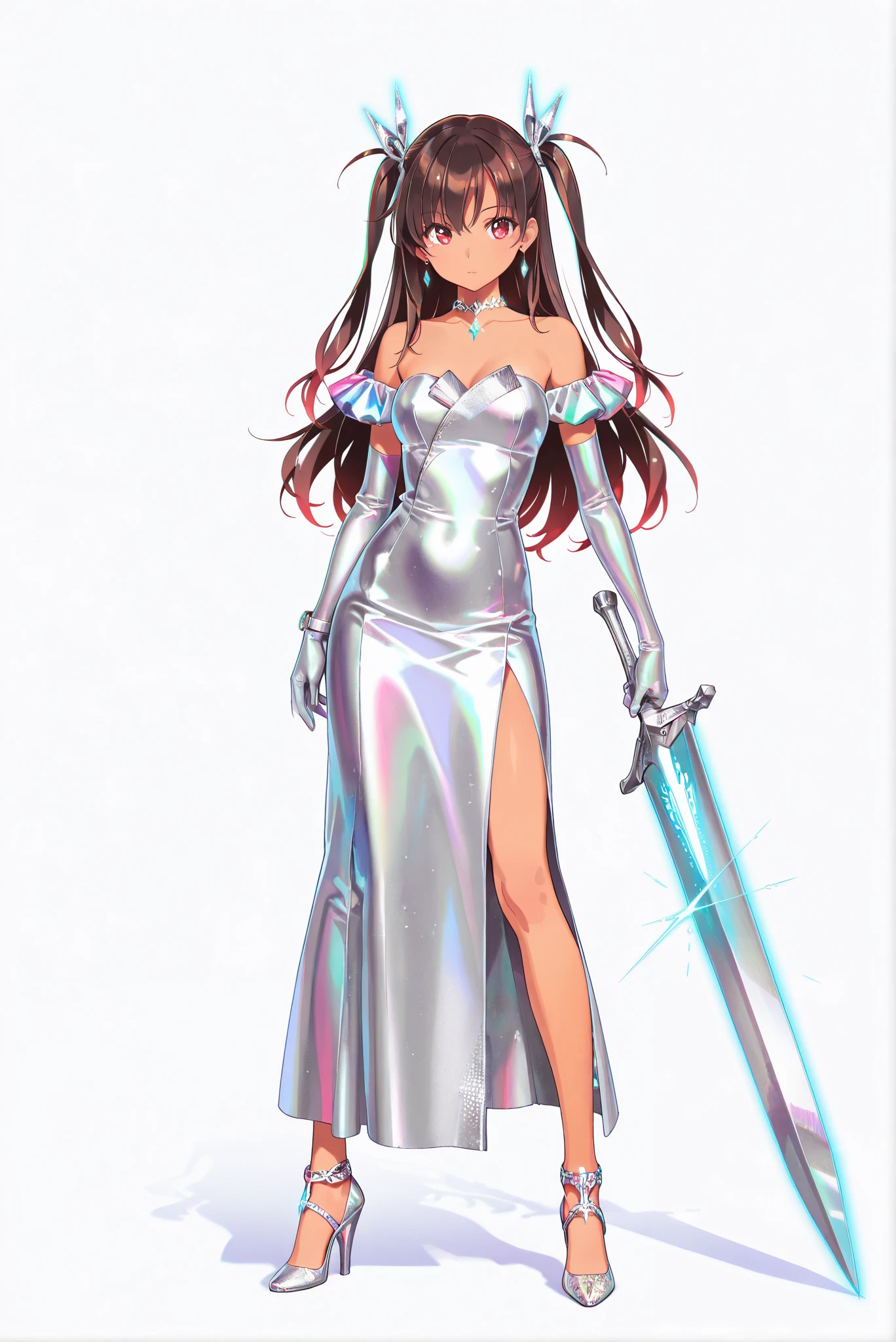 ( , stands,full body,high heels,front view,Standing picture,white background:1.7),HoleHeels,oval/Circle/Thorn/Horn Heels,,limited palette,Colorful,Bright Color,flashing silhouette,neon,black light ,watch, masterpiece, is very beautiful,defYuki, tan, brown hair, red eyes, two side up, long hair,strapless dress, satin dress, off-shoulder, silver applique, asymmetrical applique, sparkle accent, elbow gloves, diamond bracelent, diamond choker, earrings,moonlight sword, sword, holding sword, glowing sword, greatsword, giant weapon ,